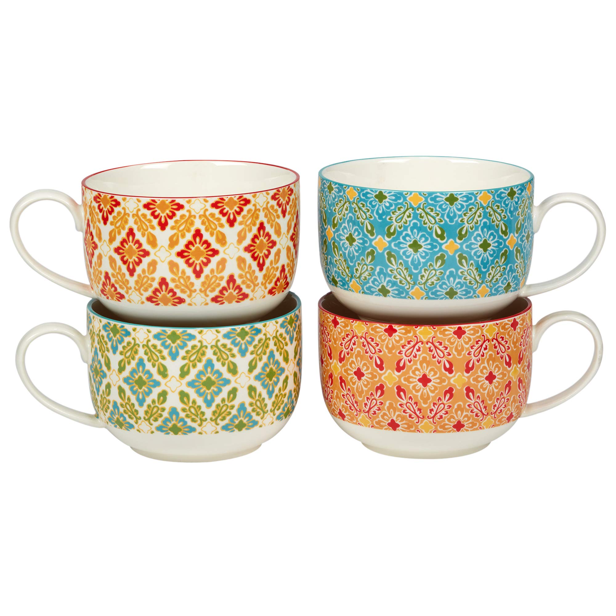 Certified International Damask Floral 28 oz. Jumbo Coffee Mugs - Set of 4 Assorted Designs for Tea, Hot Chocolate & Large Beverages - Perfect for Home, Office & Gifts