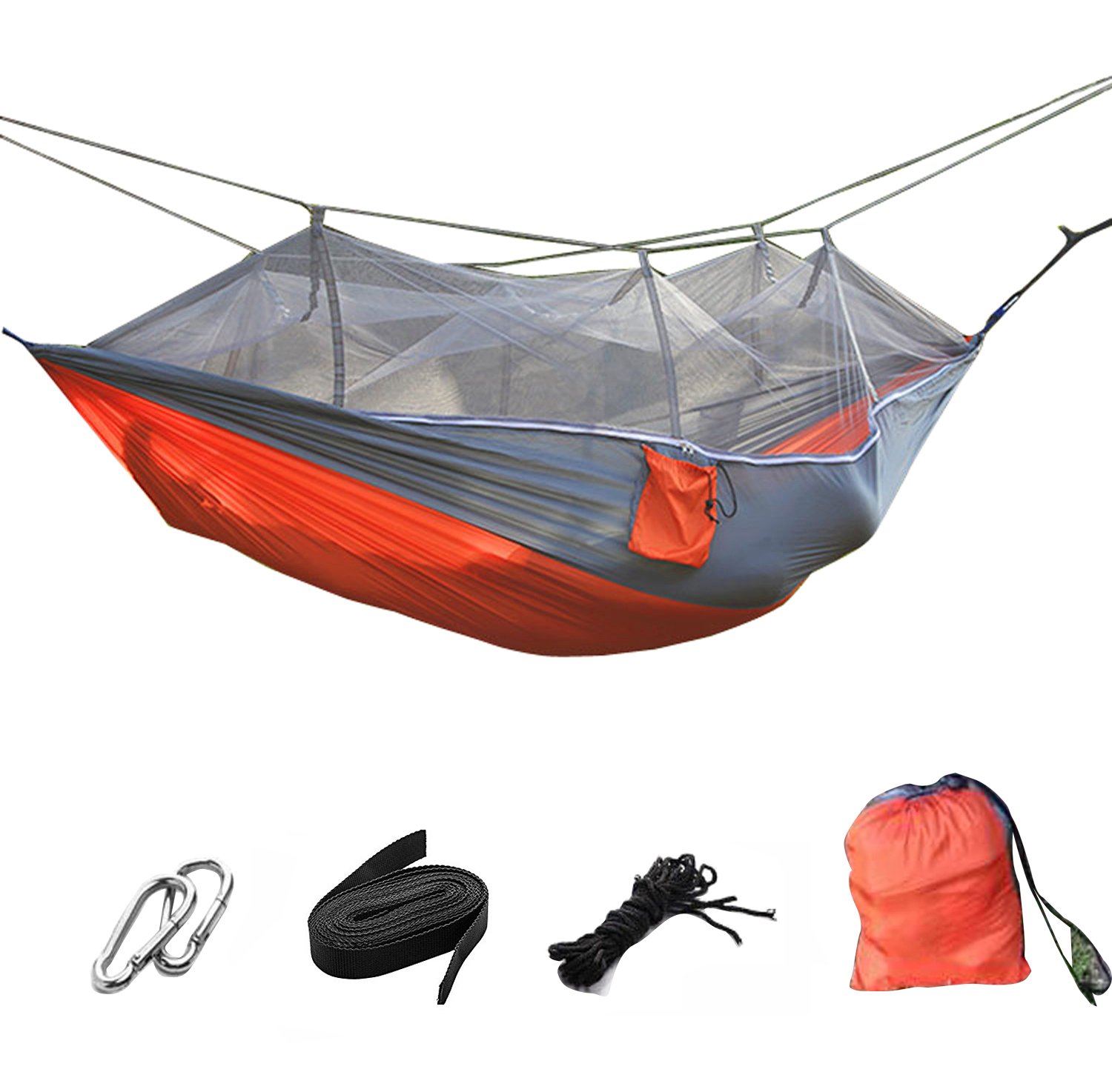Premium Portable Foldable Double Camping Hammock with Mosquito Net - Lightweight 210T Nylon Hanging Bed for Outdoor Travel - Supports 441 lbs with Strong Tree Straps & Hooks - Includes Storage Bag - Perfect for Backpacking, Beach Trips, and Backyard Relaxation