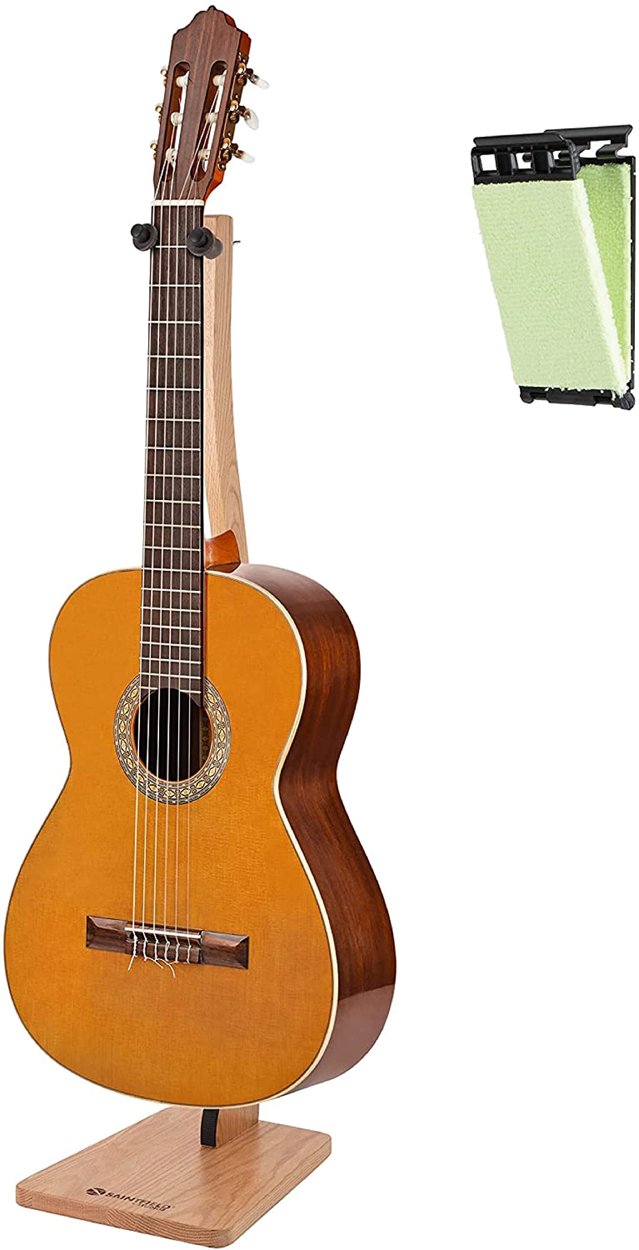 Premium Oak Guitar Stand - Heavy Duty Freestanding Floor Rack with Soft Padded Arms for Acoustic & Classic Guitars - Elegant Wooden Instrument Holder with Bonus Guitar String Cleaner - Perfect for Home Studios, Stage Performances & Music Classrooms