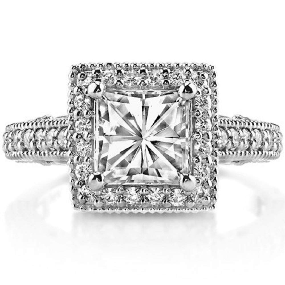 1.5 Carat Princess Cut Moissanite Vintage Solitaire Halo Engagement Ring - Wedding Band, Anniversary Promise Ring - Sterling Silver Jewelry Gift by Neerja Jewels - Perfect for Proposals, Weddings & Special Occasions