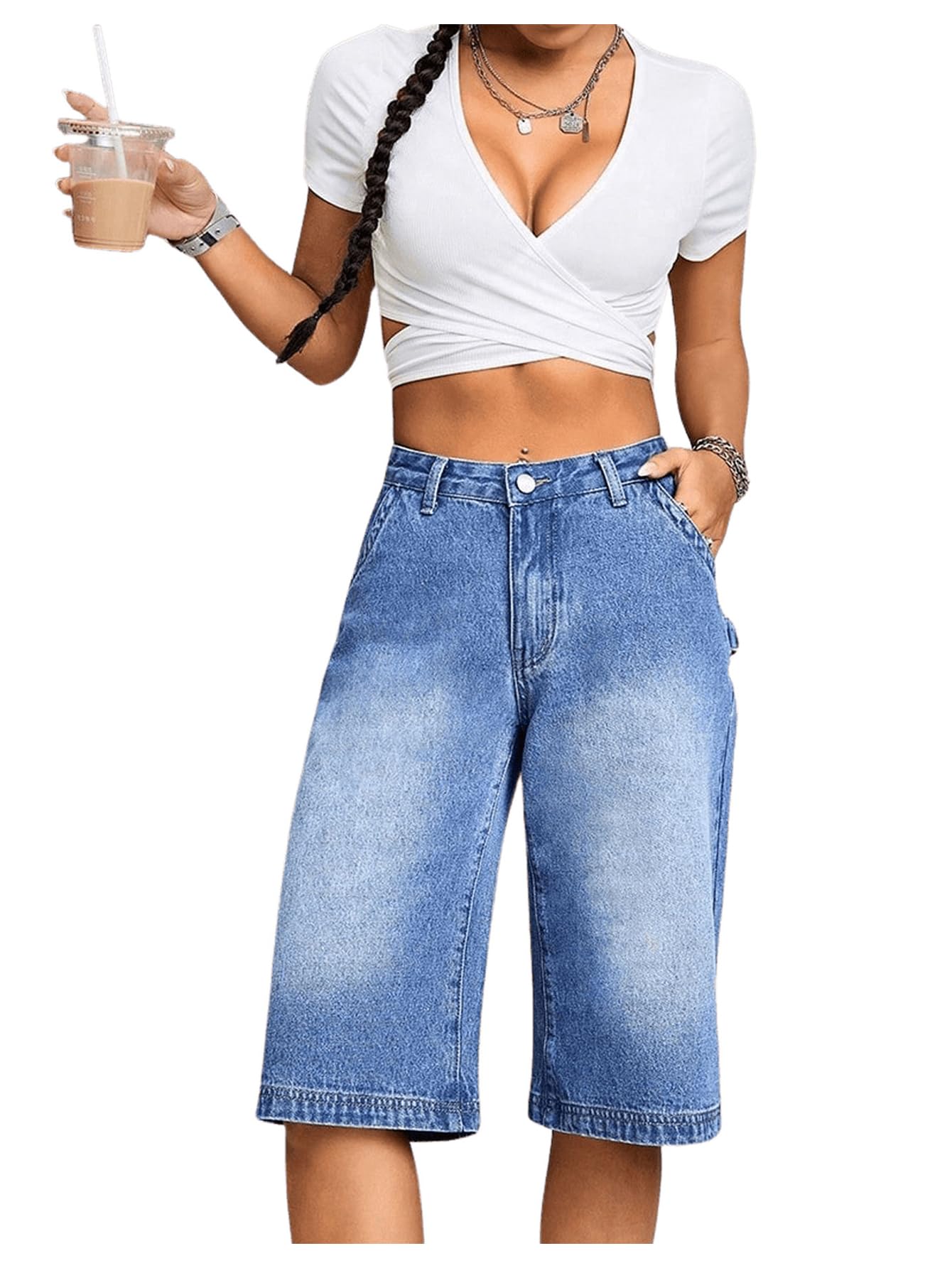 Milumia Women's Low Rise Denim Wide Leg Bermuda Shorts - Comfortable Loose Fit for Casual Wear, Summer Outfits & Beach Vacations