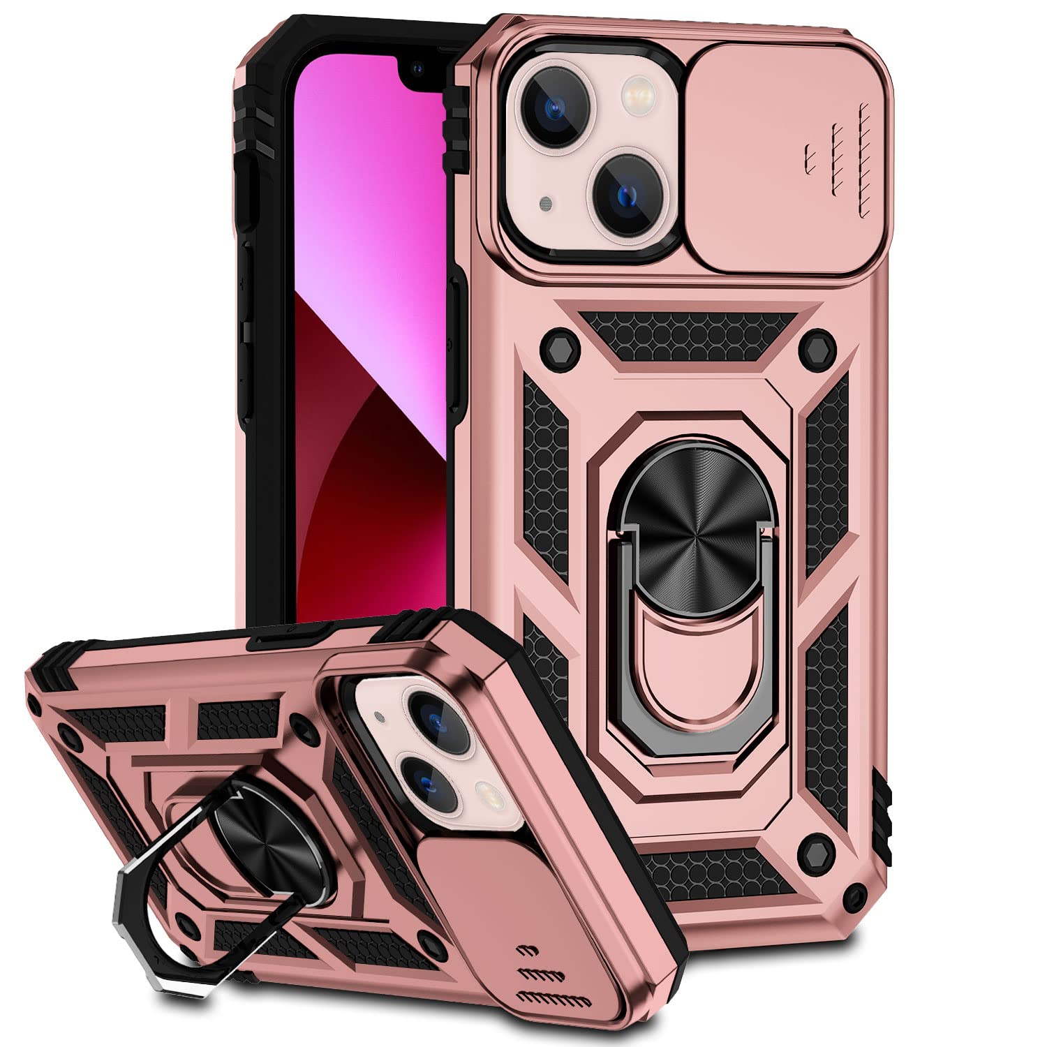 Hitaoyou iPhone 13 Case with Camera Cover & Kickstand - Military Grade Shockproof Heavy Duty Protective Magnetic Phone Cover for iPhone 13 (Rose Gold) - Perfect for Outdoor Activities, Travel & Daily Use