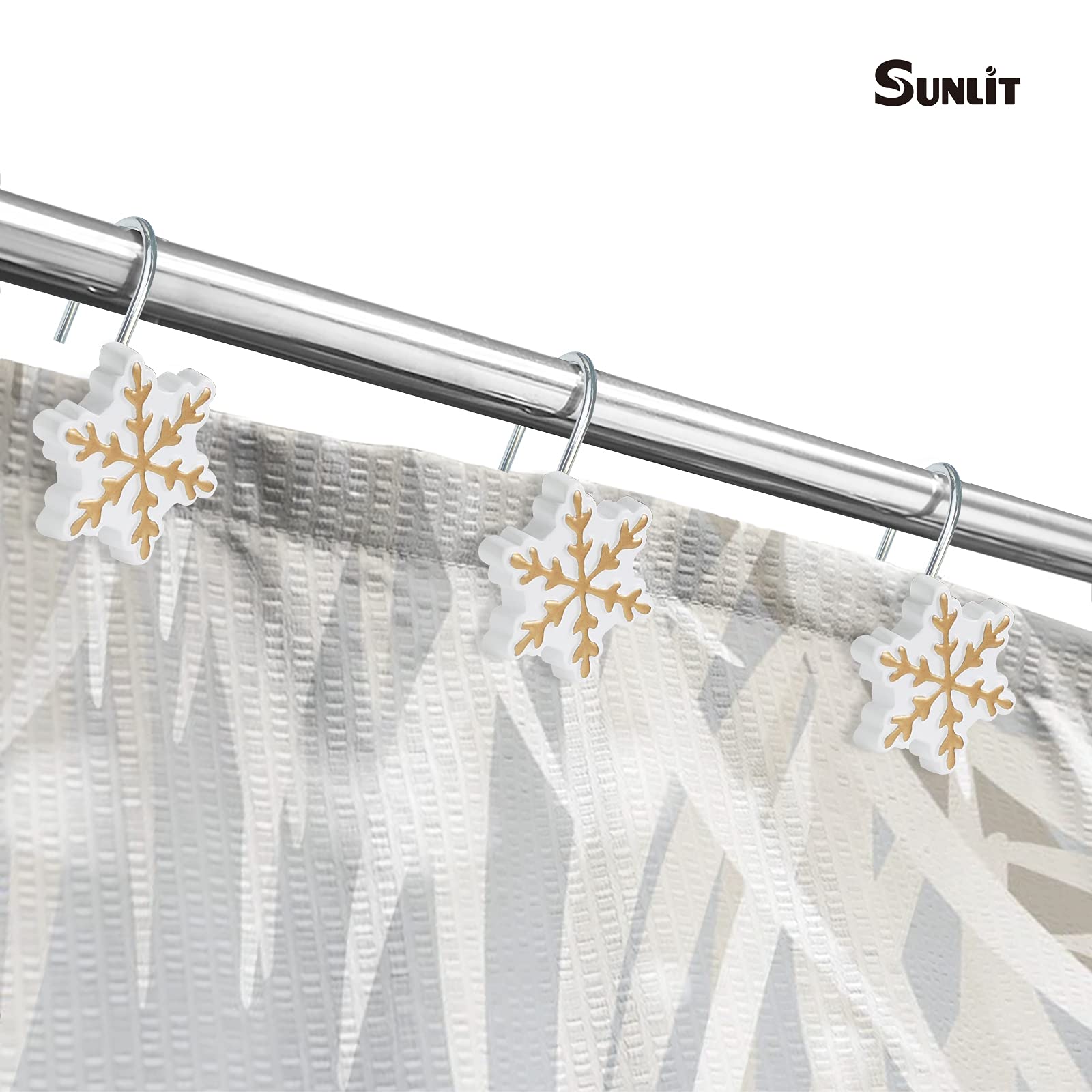 Snowflake Christmas Shower Curtain Hooks - 12 Pack White & Gold Resin Shower Rings for Holiday Bathroom Decor | Perfect for Winter Home Decor, Christmas Gifts & Festive Bathroom Upgrades