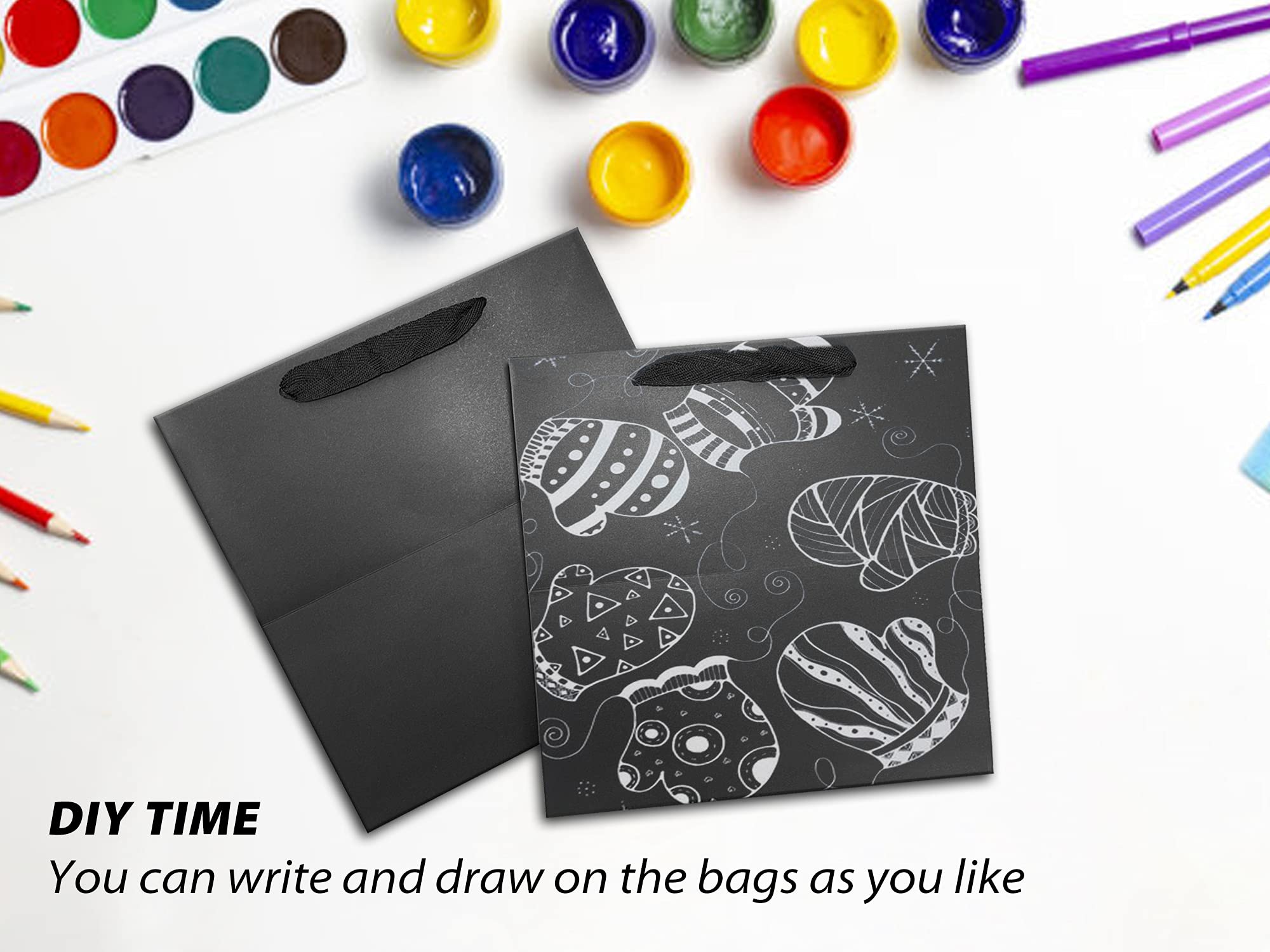 HUAPRINT 12 Pack Black Paper Gift Bags with Handles - 6x6x6 Inch Square Kraft Shopping Bags for Party, Birthday, Retail, Merchandise & Take-Out - Bulk Favor Bags for Goody Bags & Events