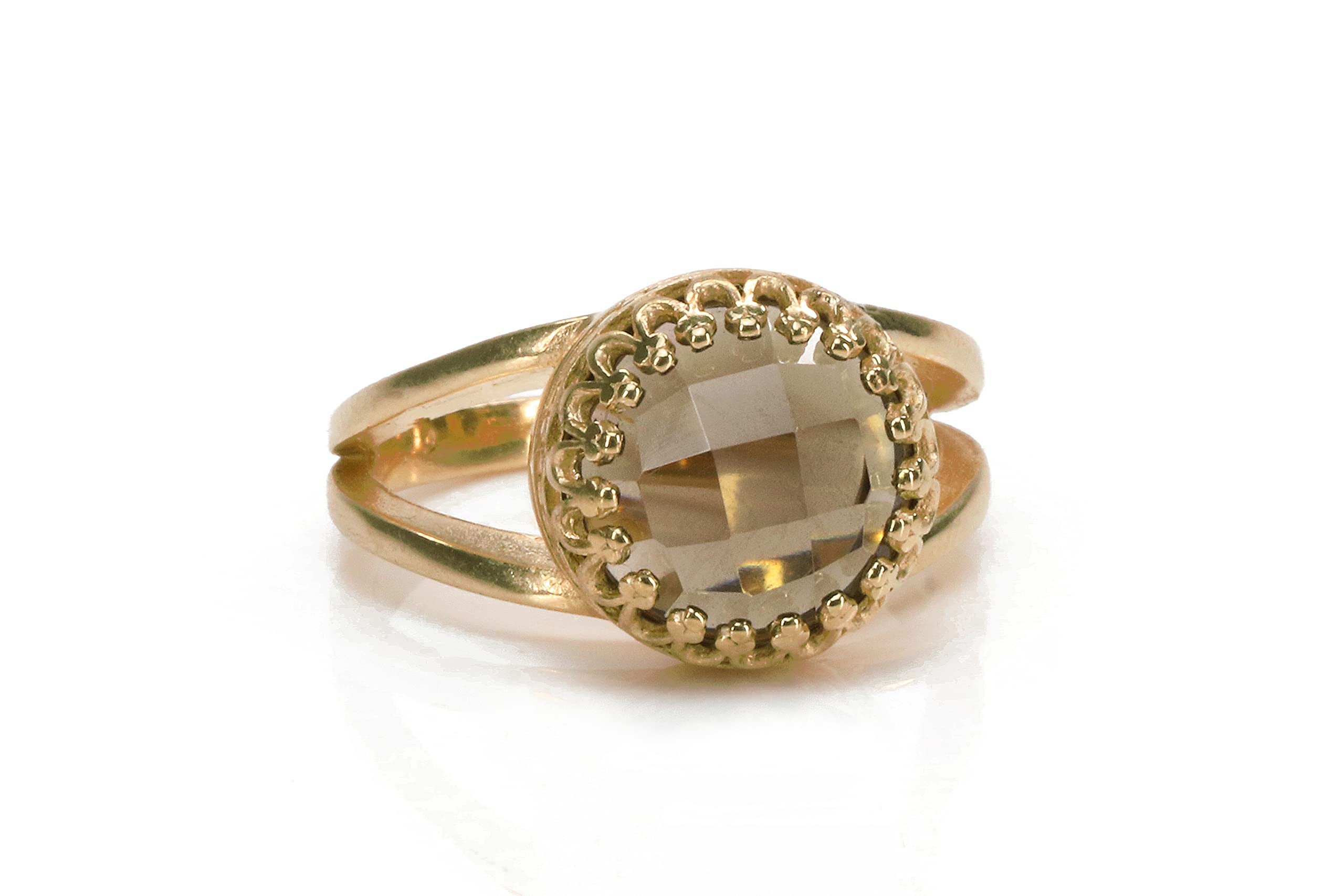 14K Gold-Filled Smoky Quartz Faceted Ring for Women - 10mm Handcrafted Double Band Jewelry - Perfect for Weddings, Parties & Everyday Wear - Gift Box Included