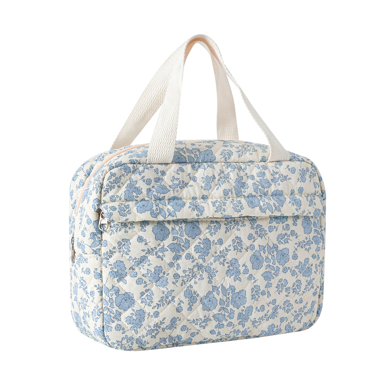 Large Quilted Makeup Bag for Women - Cute Preppy Floral Cotton Cosmetic Organizer with Top Handle, Multi-Layer Travel Toiletry Pouch (Light Blue Flower) - Perfect for Travel, Gym & Daily Beauty Essentials
