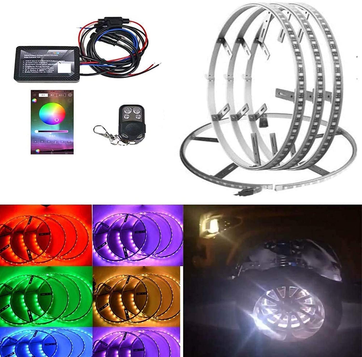 15.5in 144LED RGBW Auto Wheel Ring Lights - Brightest Multi-Color LED Rim Lights with RF Remote & App Control for Trucks & Cars | Enhance Night Driving & Car Shows