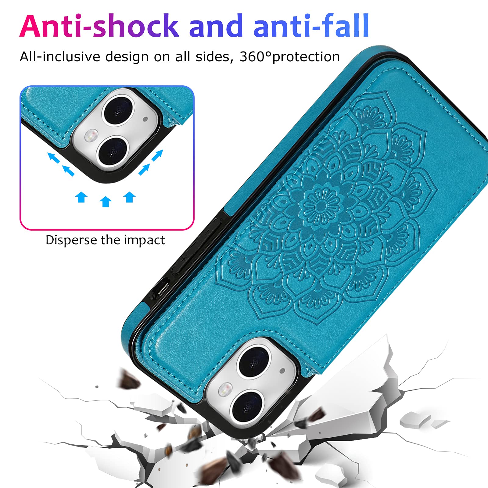 Premium PU Leather Wallet Case for iPhone 13 with Card Holder & Kickstand - Floral Embossed Design, Shockproof Protective Cover (Blue) - Perfect for Everyday Use, Travel & Hands-Free Viewing