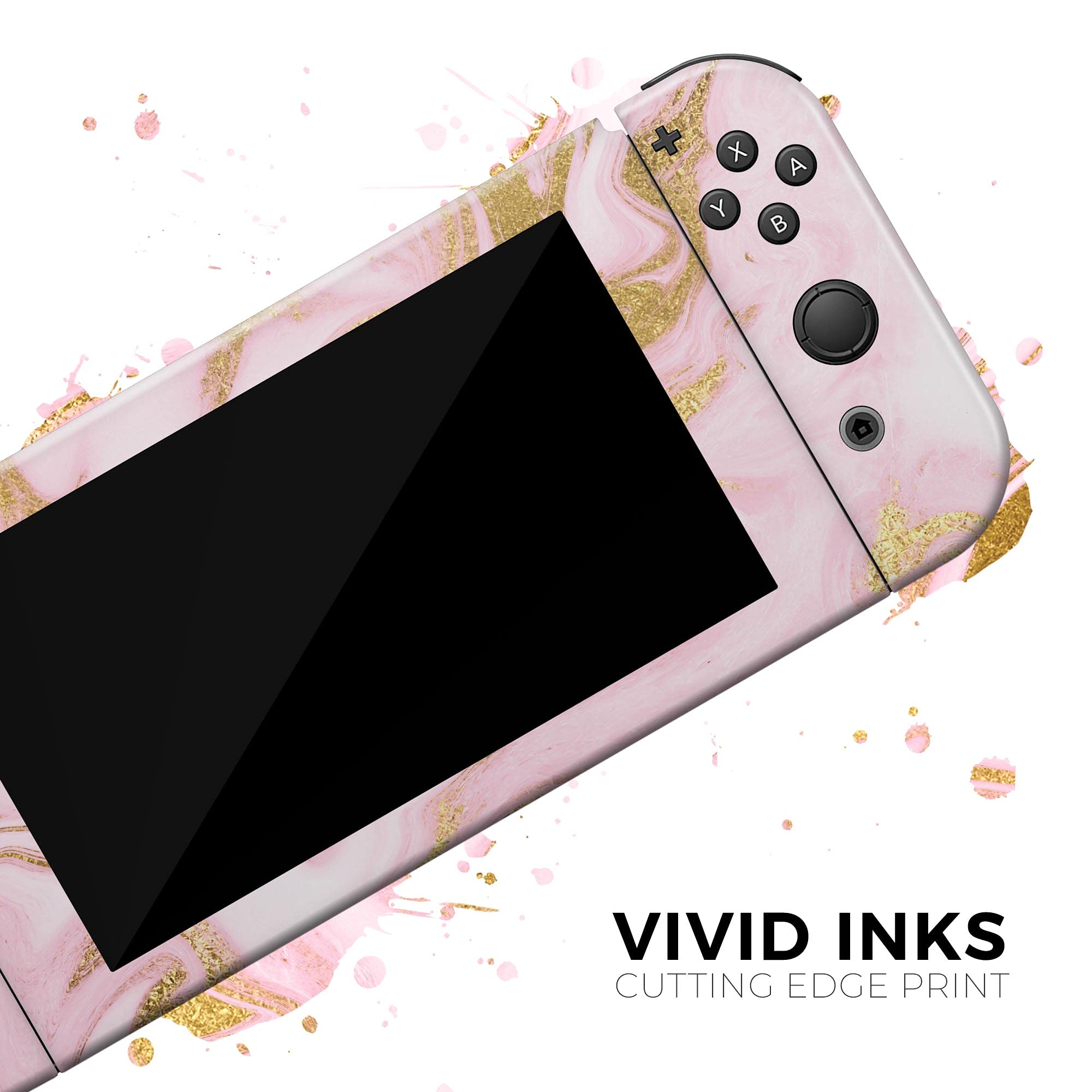 Nintendo Switch Joy-Con Skin Decal - Scratch-Resistant Removable Vinyl Wrap Cover - Rose Pink Marble & Digital Gold Frosted Foil V11 - Perfect for Gaming, Travel & Customization