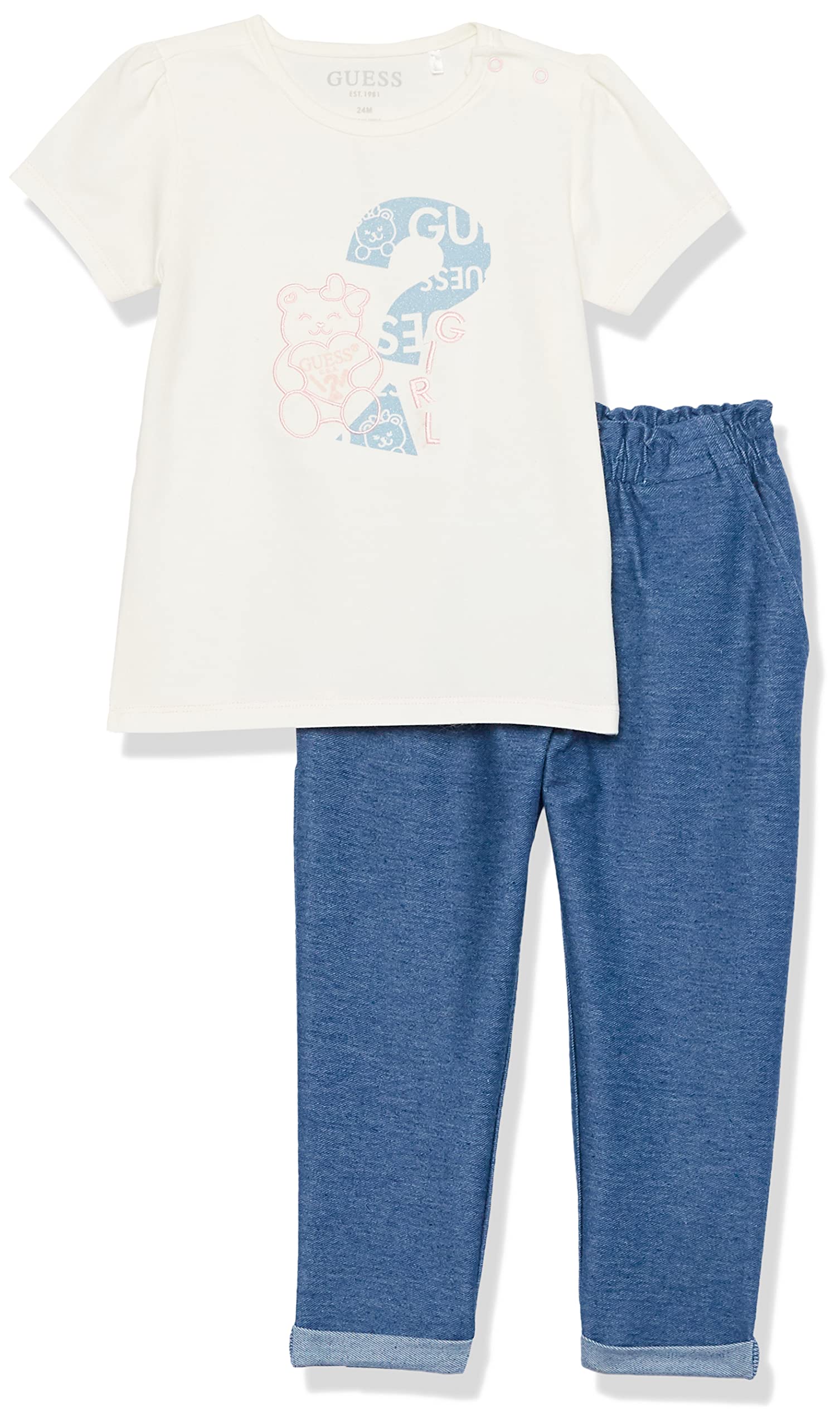 GUESS Baby Girls' Short Sleeve Graphic Tee & Denim Pants 2-Piece Set | Soft Jersey Knit & Pull-On Style | Cute Outfit for Playdates, Parties & Everyday Wear