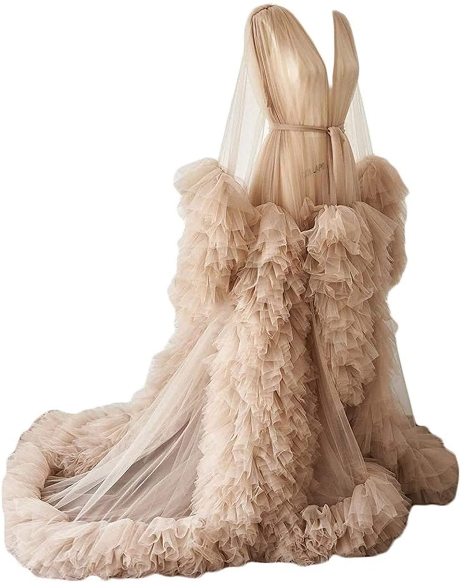 WANNISHA Women's Sheer Tulle Maternity Robe - Puffy Bridal Lingerie, Wedding Photoshoot Dress & Sleepwear - Perfect for Pregnancy, Boudoir, Bridal Shower & Honeymoon Nightwear