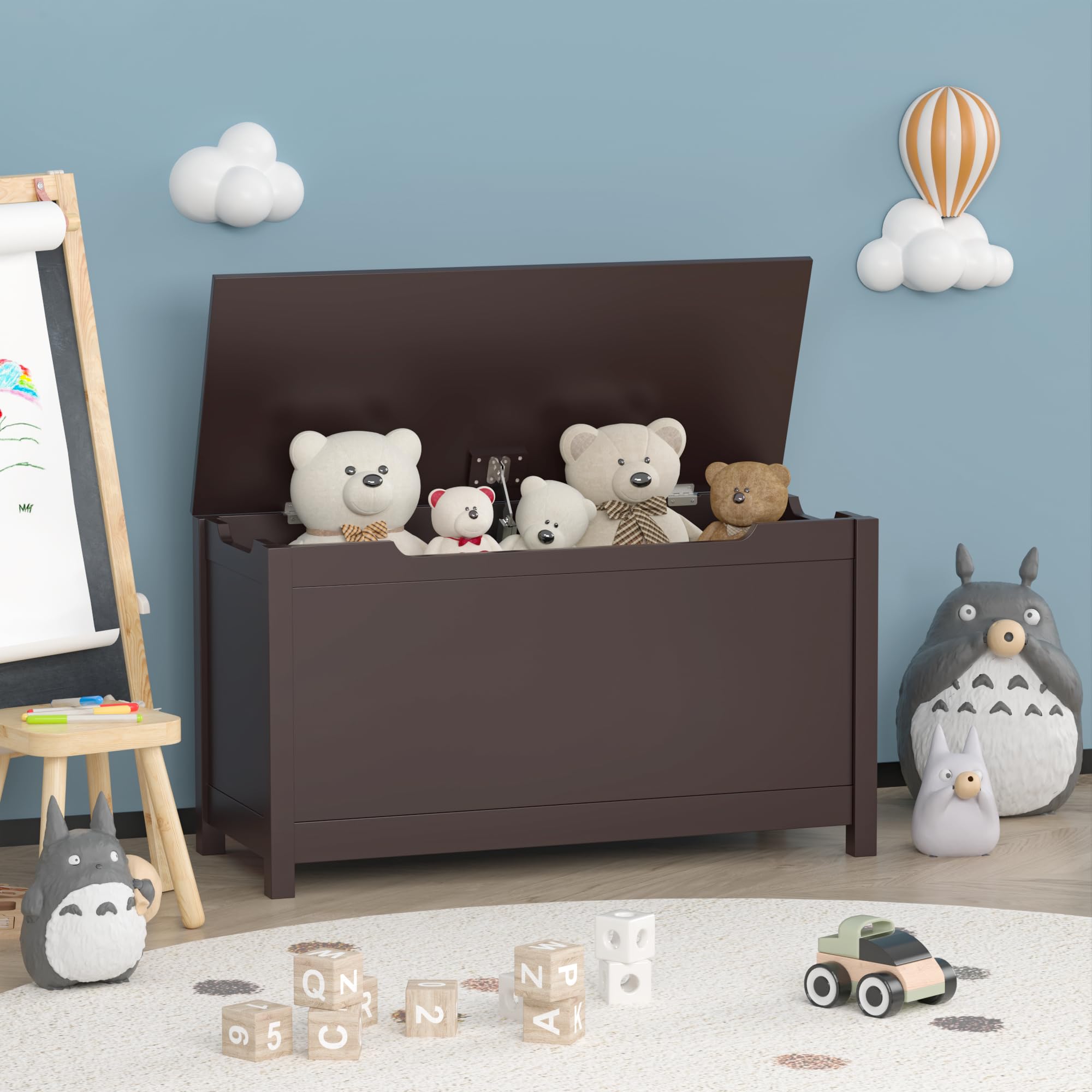 **Wooden Toy Chest for Kids - Safety Hinged Lid Toy Storage Organizer, Playroom Furniture Bench with Durable Dark Brown Finish - Perfect for Nursery, Bedroom & Playroom Organization**