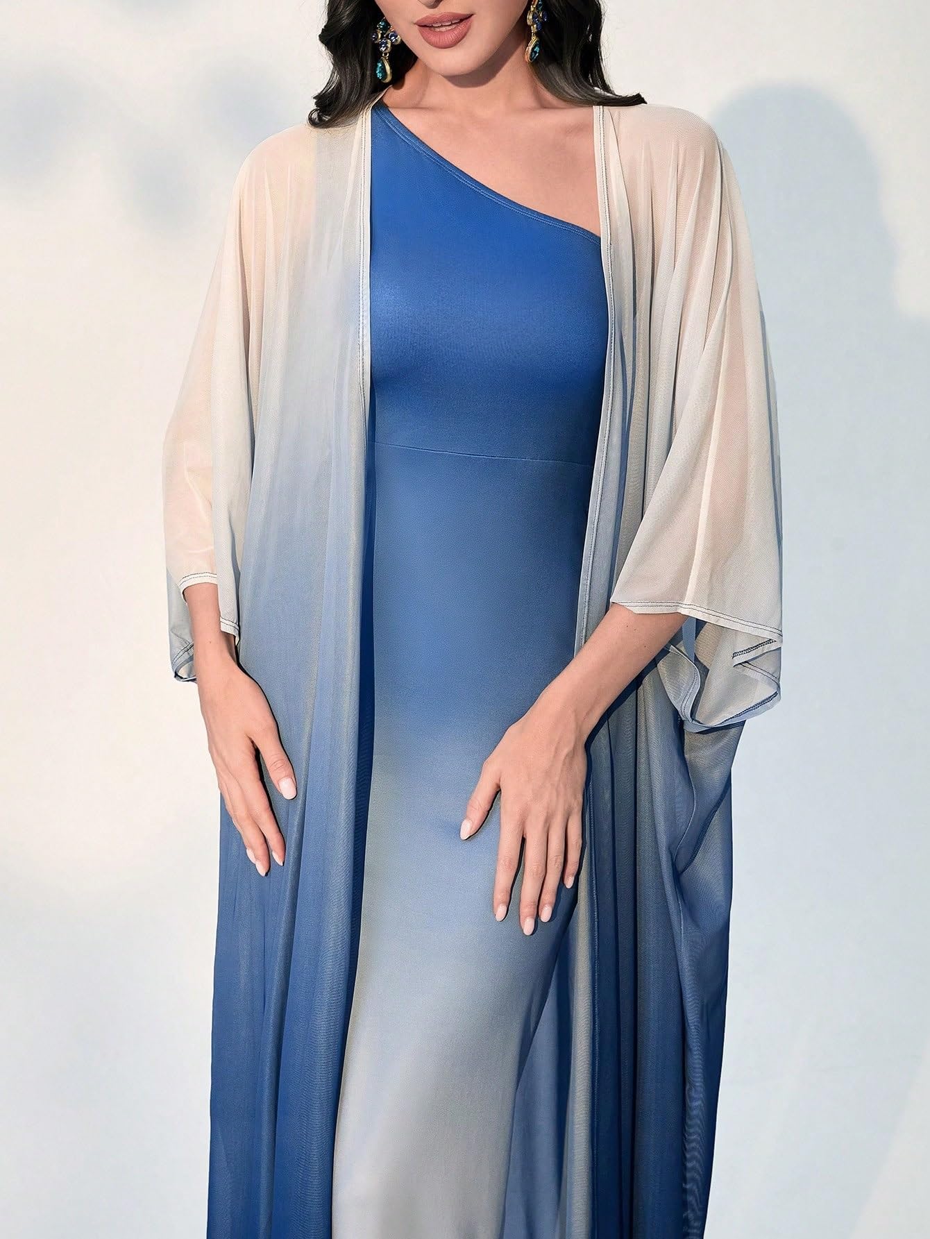 SePkus Women's Summer 2-Piece Outfit - Shoulder Sloping Dress with Coat Evening Dress Set (Blue & White, Small) | Perfect for Beach Vacations, Date Nights & Special Occasions