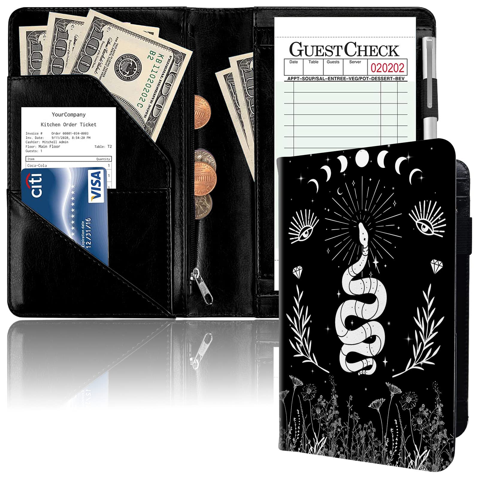Leather Waiter Book Server Wallet with Zipper Pocket - Cute Waitress Organizer with Money Pocket, Fits Server Apron - Aesthetic Snake Moon Phase Design for Restaurant, Cafe & Bar Servers