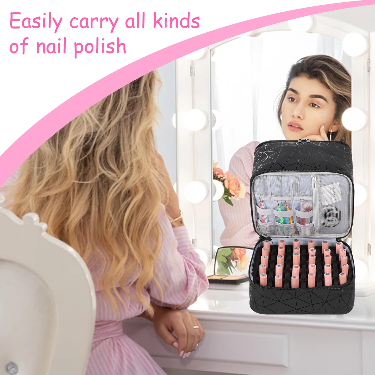 30 Bottle Nail Polish Organizer Bag with Nail Lamp - Double Layer PU Leather Travel Storage Case for Manicure Set | Portable for Salon, Home & Travel Use (Black)