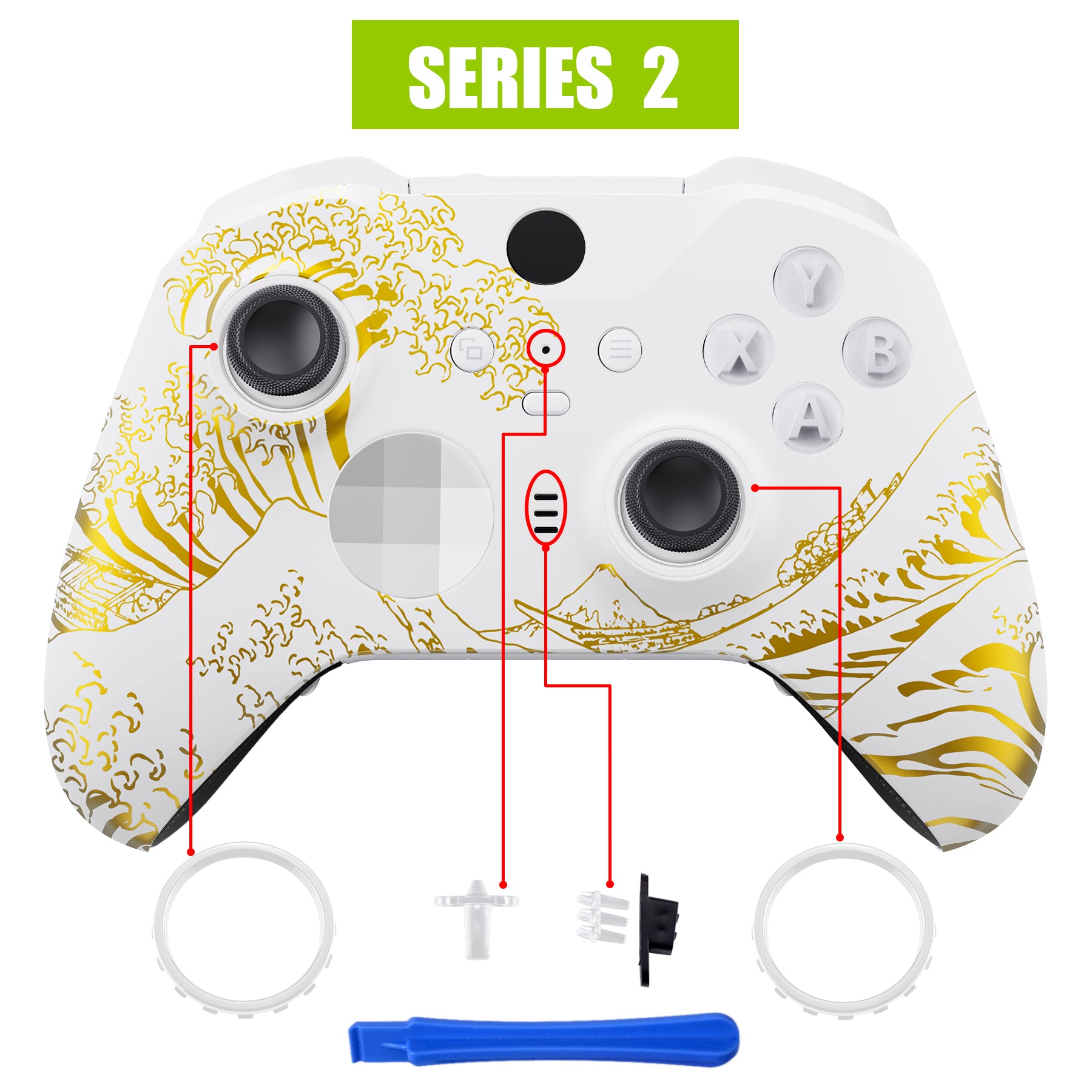 eXtremeRate Gold Replacement Front Housing Shell Case with Accent Rings for Xbox One Elite Series 2 & Elite 2 Core Controller (Model 1797) - The Great Wave Off Kanagawa Design - Perfect for Gaming Enthusiasts & Custom Controller Mods