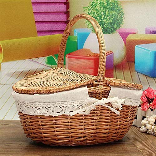 Premium Wicker Willow Picnic Basket with Lid & Handle - Insulated White Liner for Outdoor Dining, Beach Picnics & Grocery Shopping