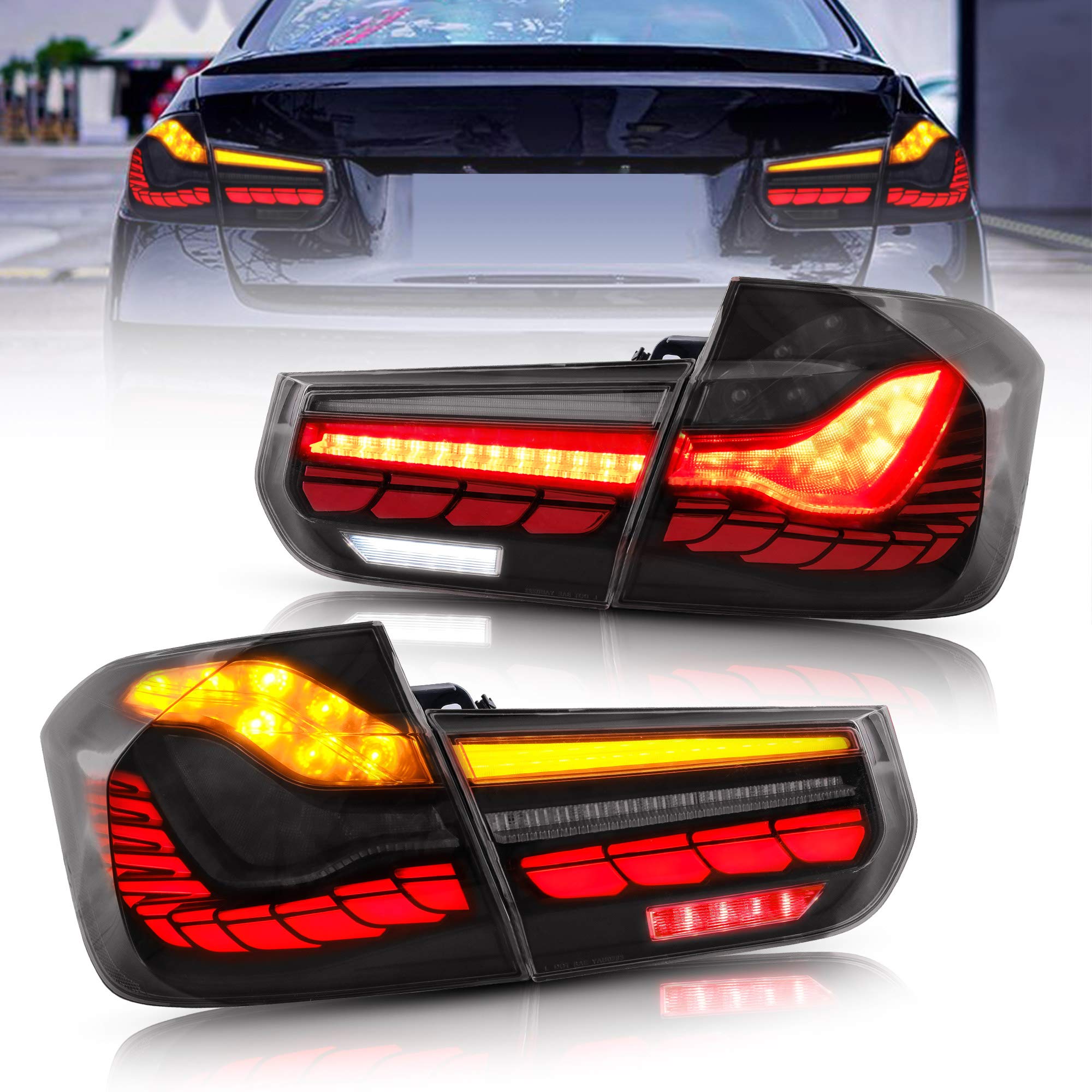VLAND OLED Tail Lights for BMW 3-Series F30 F35 F80 Sedan 2013-2018 - Smoked Lens with Amber Sequential Turn Signals & Red 3D Dynamic Animation Lighting | Premium Aftermarket Upgrade for Enhanced Night Visibility and Style
