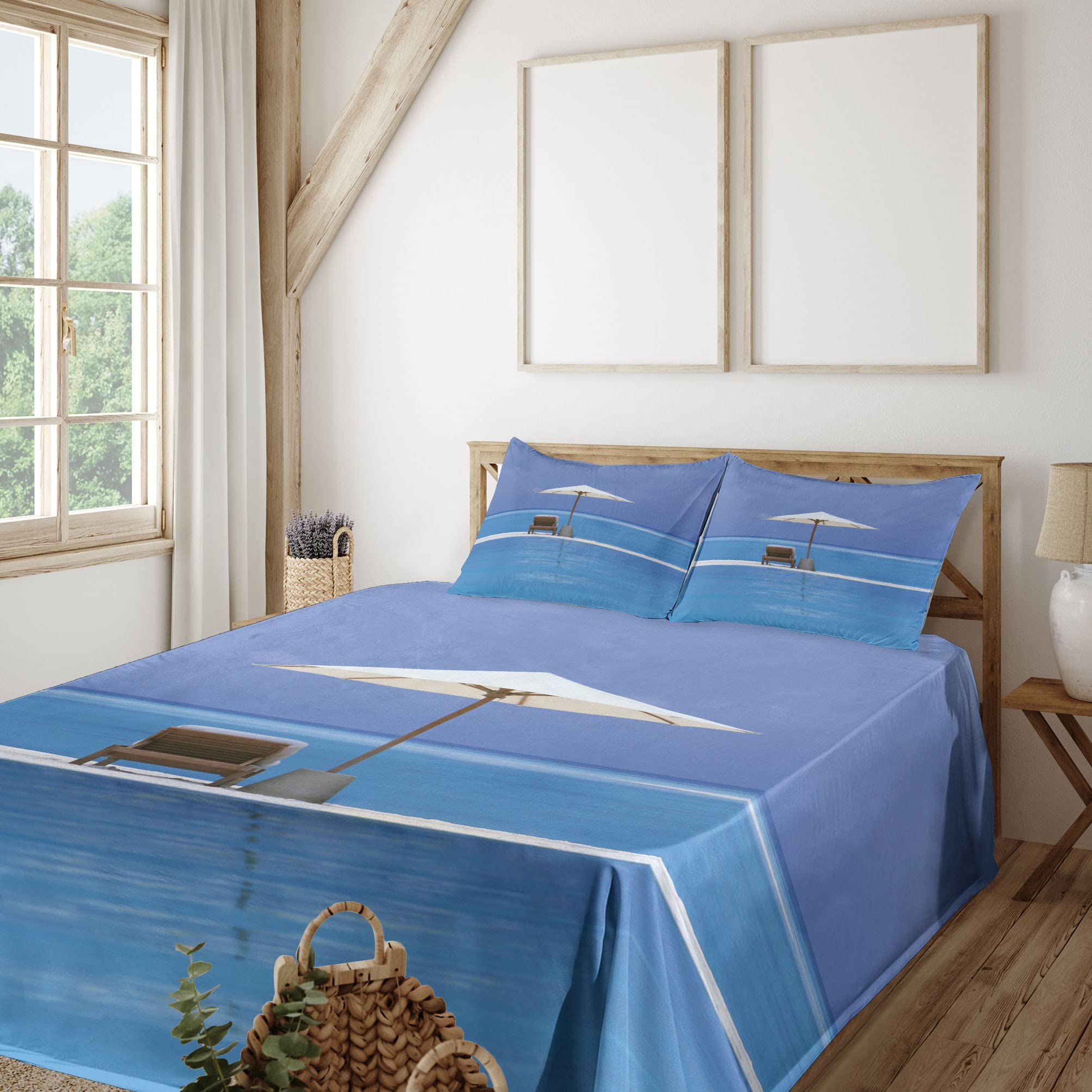 Ambesonne 4-Piece King Size Seaside Sheet Set - Ocean Seascape with Beach Chairs & Umbrella Design, Blue & Beige Bedding Set Includes Fitted Sheet, Flat Sheet & 2 Pillowcases | Perfect for Beach-Themed Bedrooms, Coastal Decor & Vacation Homes