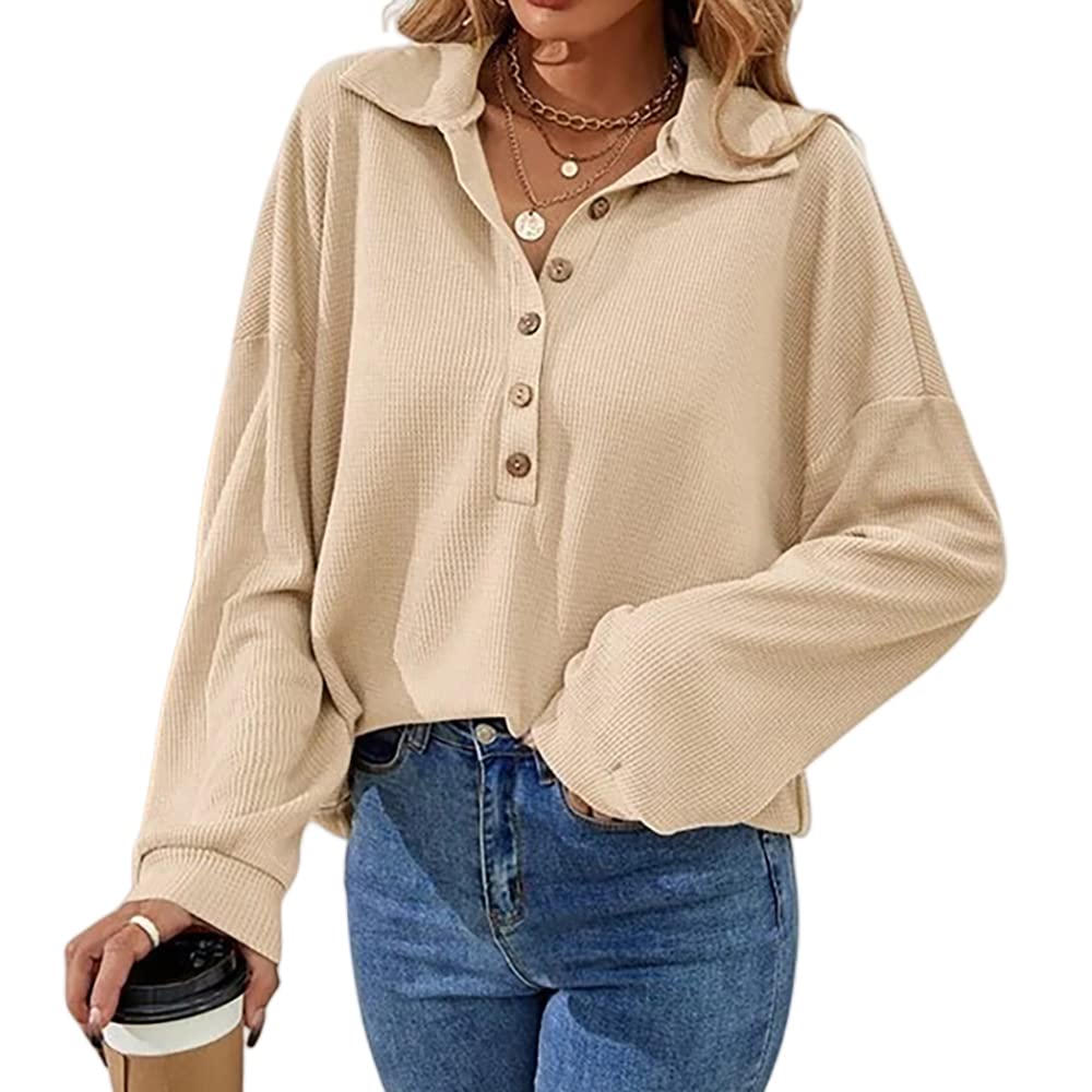 Mayntop Women's Waffle Knit Pullover Sweater - Solid Color, Half Button, Batwing Sleeve, Turndown Collar, Loose Fit | Casual Wear, Office Outfits, Fall & Winter Fashion