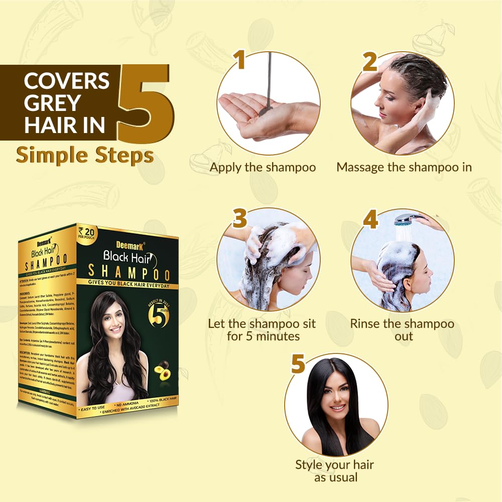 Deemark Black Hair Shampoo for Straight, Smooth & Shiny Hair | Natural Instant Black Hair Dye | Pack of 2 | Perfect for Daily Hair Care & Salon-Quality Results at Home