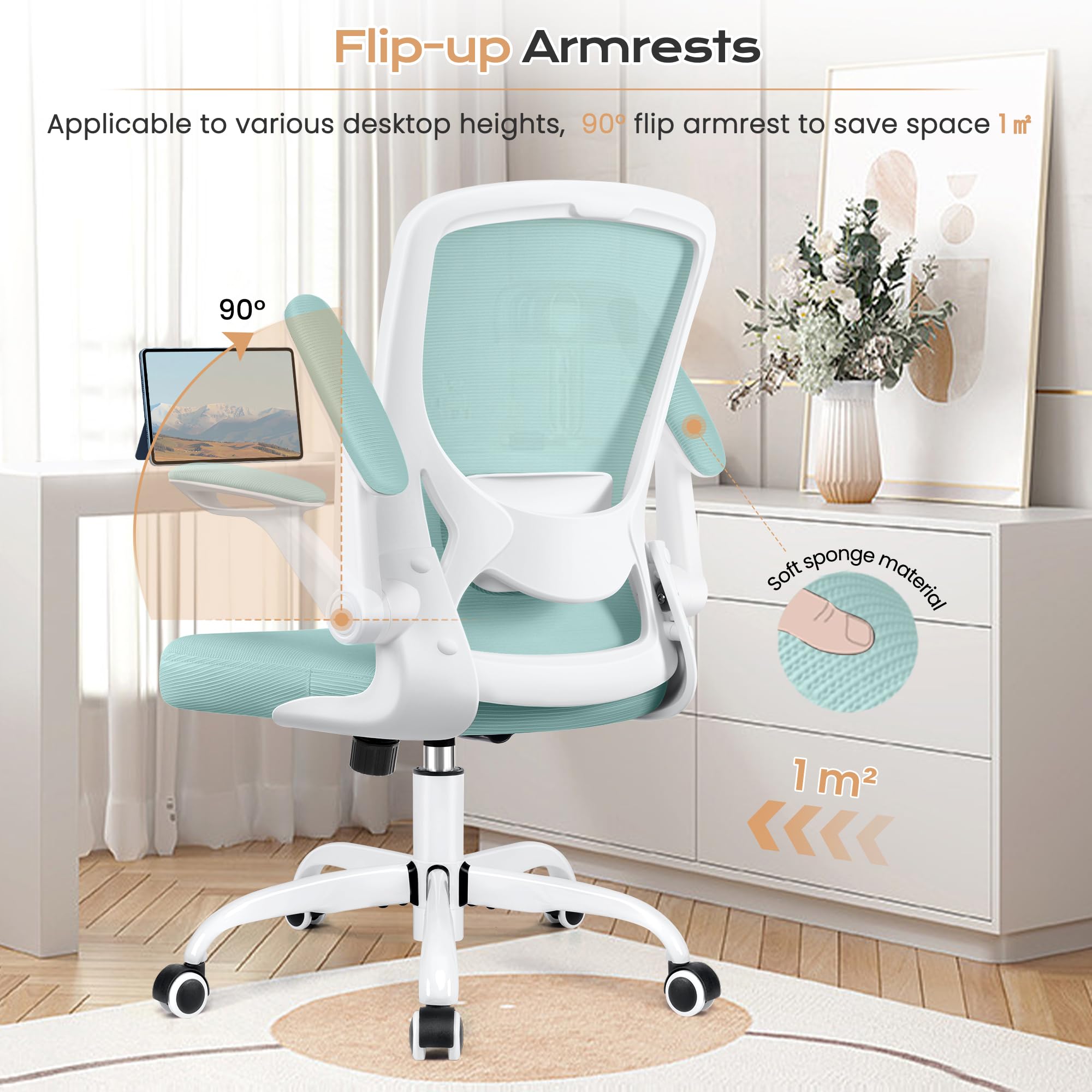 KERDOM Ergonomic Mesh Office Chair with Lumbar Support - Adjustable Height Swivel Chair with Flip-Up Arms for Home Office & Gaming - Light Blue | Perfect for Long Work Hours & PC Gaming Sessions