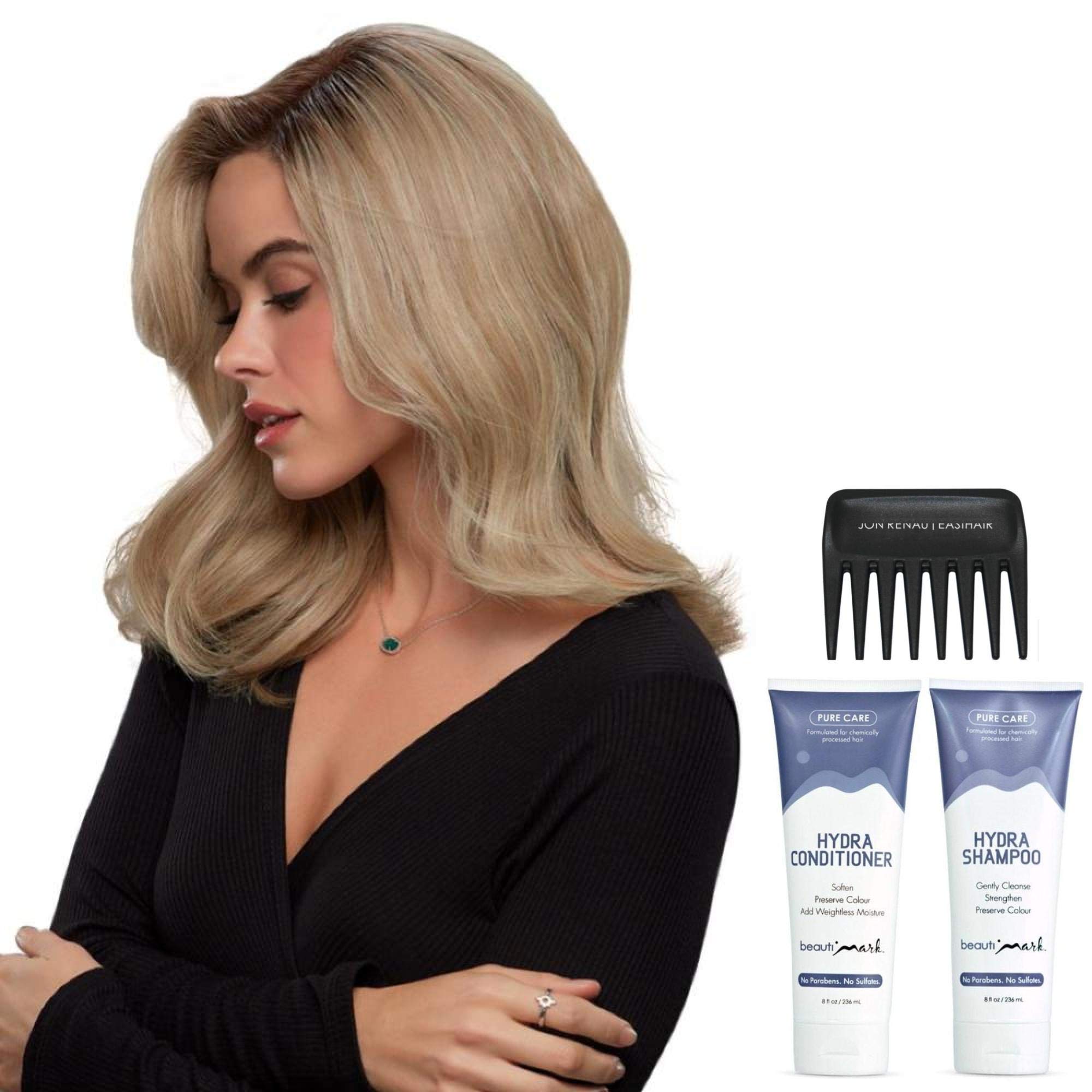 Jon Renau Sienna Exclusive Remy Human Hair Wig Bundle - 5 Items Including Christy's Wigs Q&A Booklet, BeautiMark Hydra Shampoo & Conditioner, Wide Tooth Comb - Color 12FS12 - Perfect for Daily Wear, Cosplay & Hair Loss Solutions