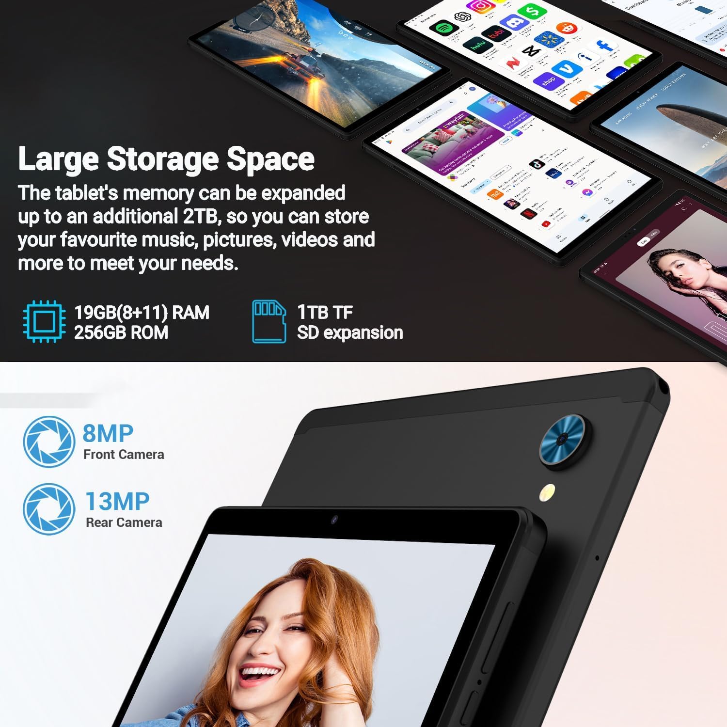 POWMUS 10.4 Inch Android Tablet - 8GB RAM, 256GB Storage (Expandable to 1TB), 2K IPS Display, Octa-Core MT8183 Processor, Dual WiFi (2.4G/5G), 8000mAh Battery, 13MP+8MP Cameras, Bluetooth 5.0, GPS - Gray - Perfect for Work, Study, Streaming & Gaming