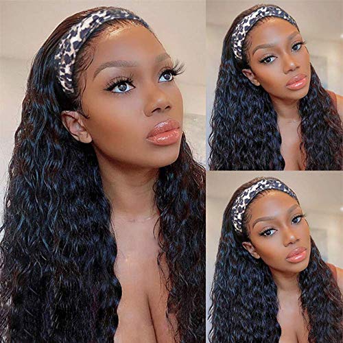 Glueless Water Wave Human Hair Wigs for Black Women - 9A Virgin Brazilian Hair Deep Water Wave Half Wig with Elastic Headband | No Lace Front | Wet & Wavy Full Hair | Perfect for Daily Wear, Parties & Special Occasions