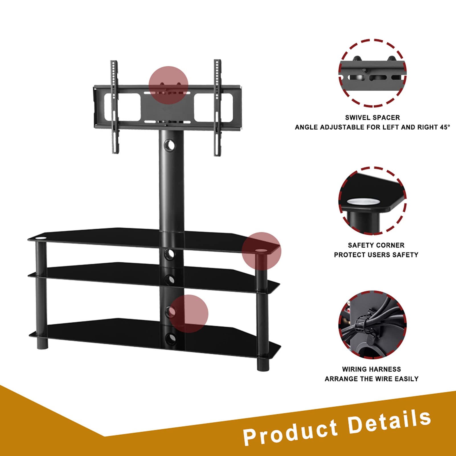 Adjustable Swivel Floor TV Stand for 32-65 Inch TVs - 3-Tier Tempered Glass Media Console with Height Adjustable Bracket - Perfect for Living Room, Bedroom & Home Theater Entertainment Setup