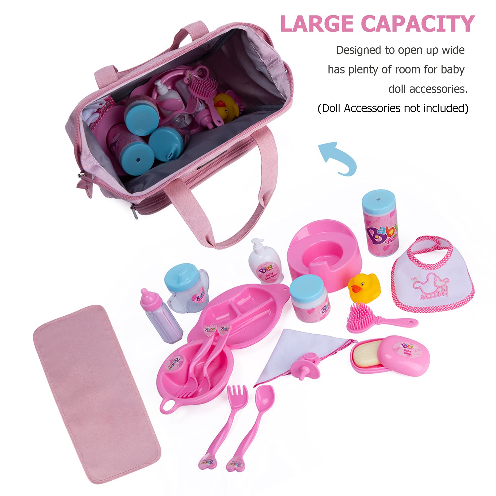 Bebamour Baby Doll Bag with Doll Changing Pad - Fashionable Kids Toy Carrier for Pretend Play & Role Play - Perfect for Playdates, Travel & Birthday Gifts