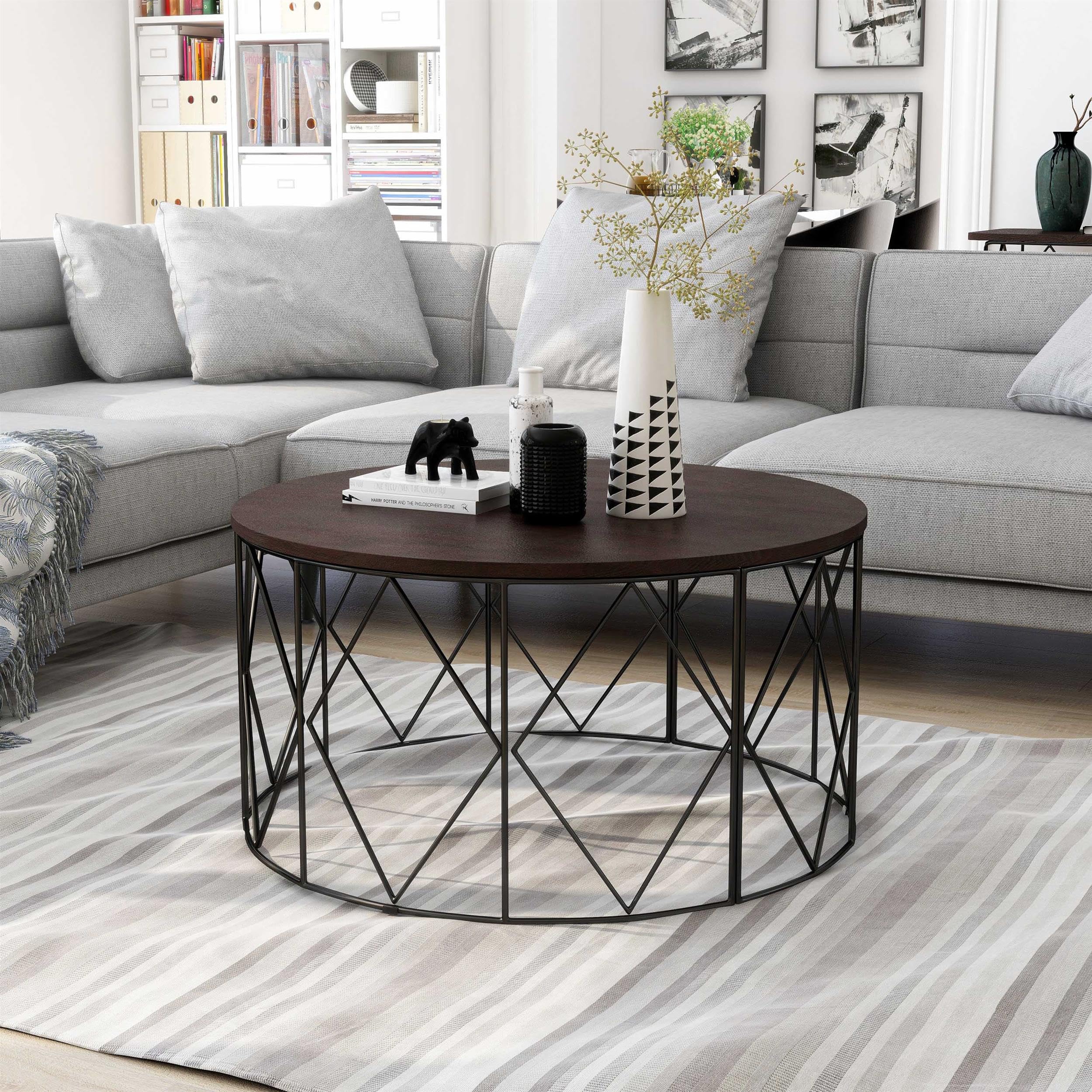 Furniture of America Borche Industrial Wood Round Coffee Table - Walnut Finish, Modern Farmhouse Style for Living Room, Lounge & Office Decor