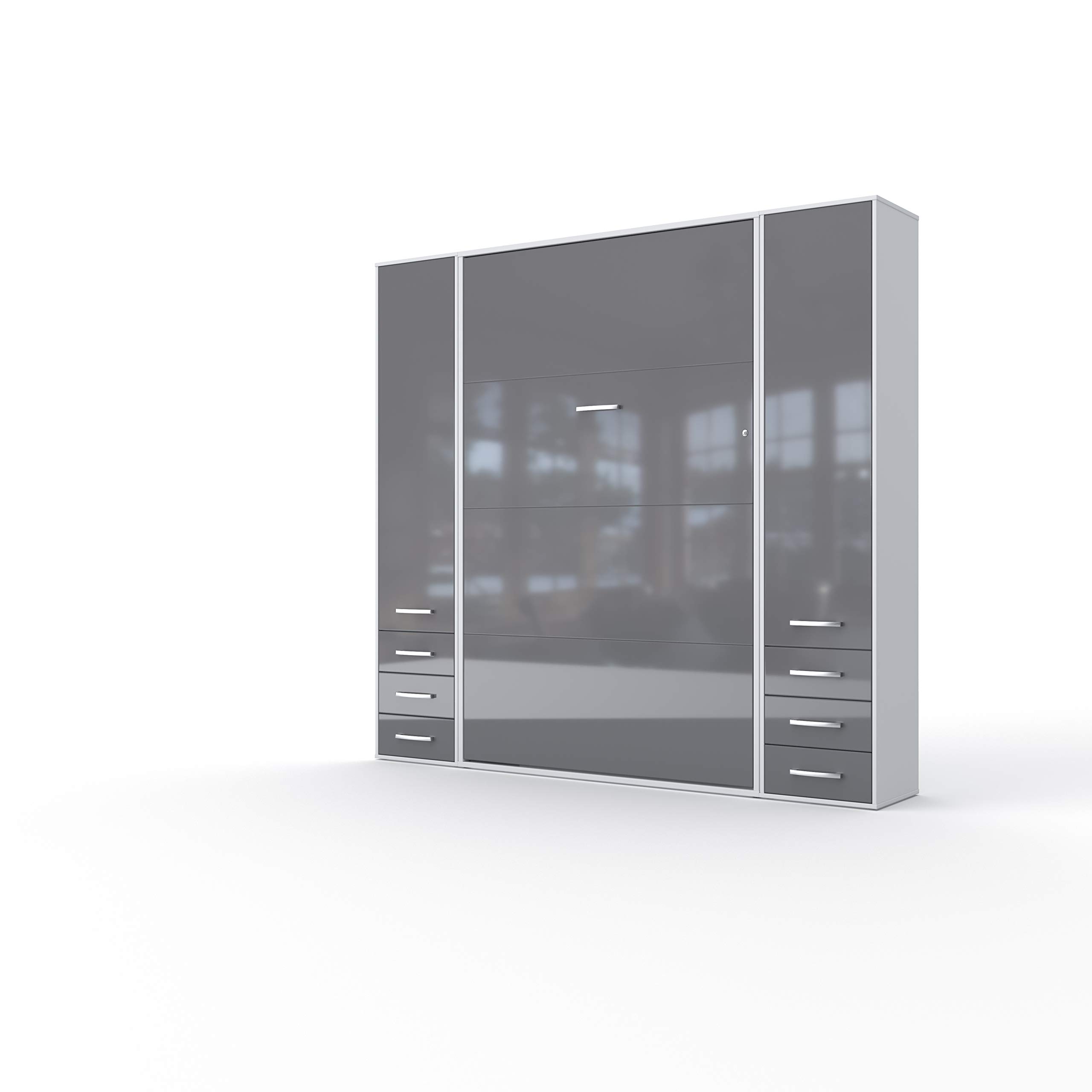 European Queen Size Vertical Wall Bed with 2 Cabinets - White Slate Grey Mirror Gloss Finish | Space-Saving Murphy Bed for Small Apartments & Guest Rooms