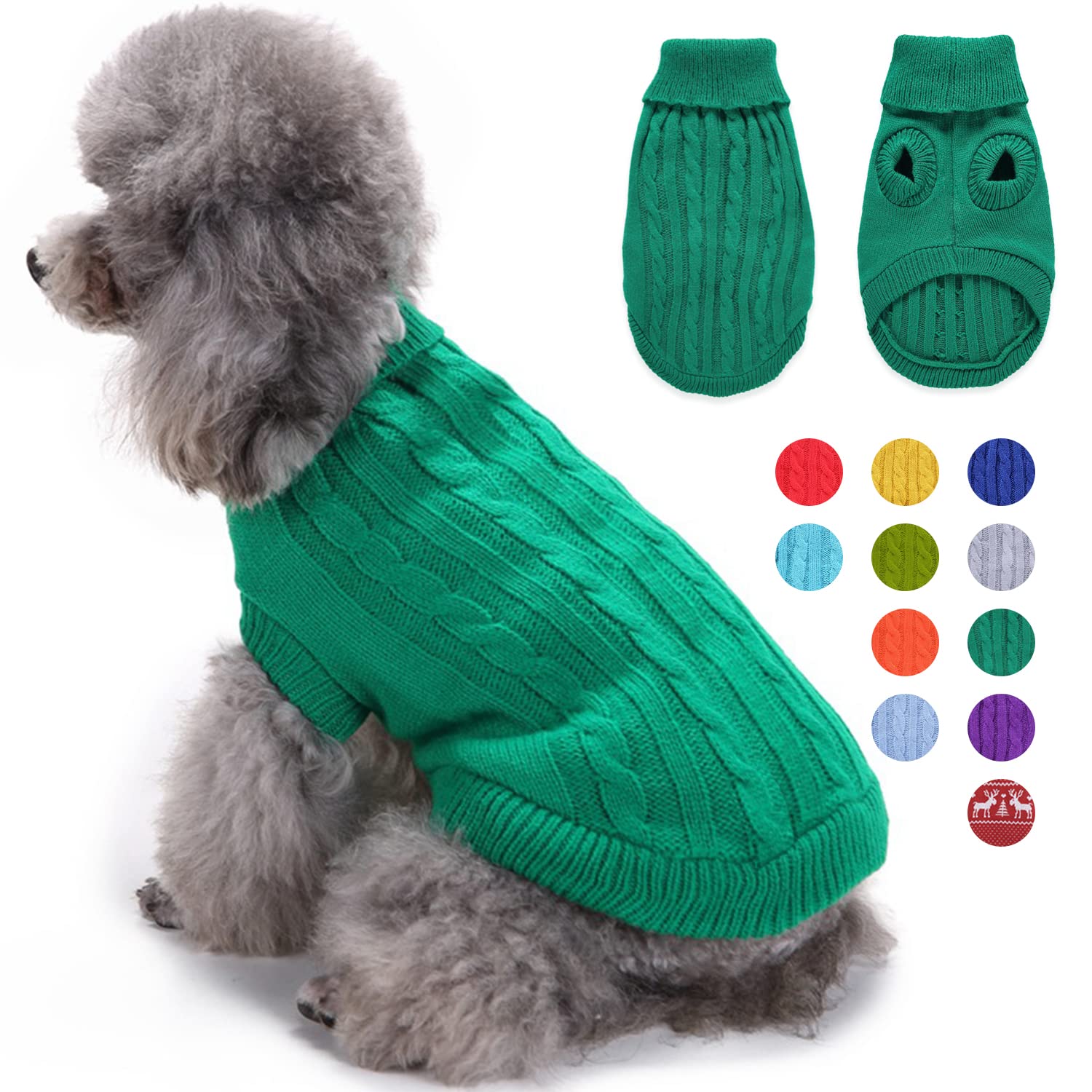 Warm Knitted Dog Sweater with Turtleneck - Soft Winter Pet Clothes for Small, Medium & Large Dogs - Cozy Dark Green Dog Sweater for Cold Weather Walks & Indoor Comfort