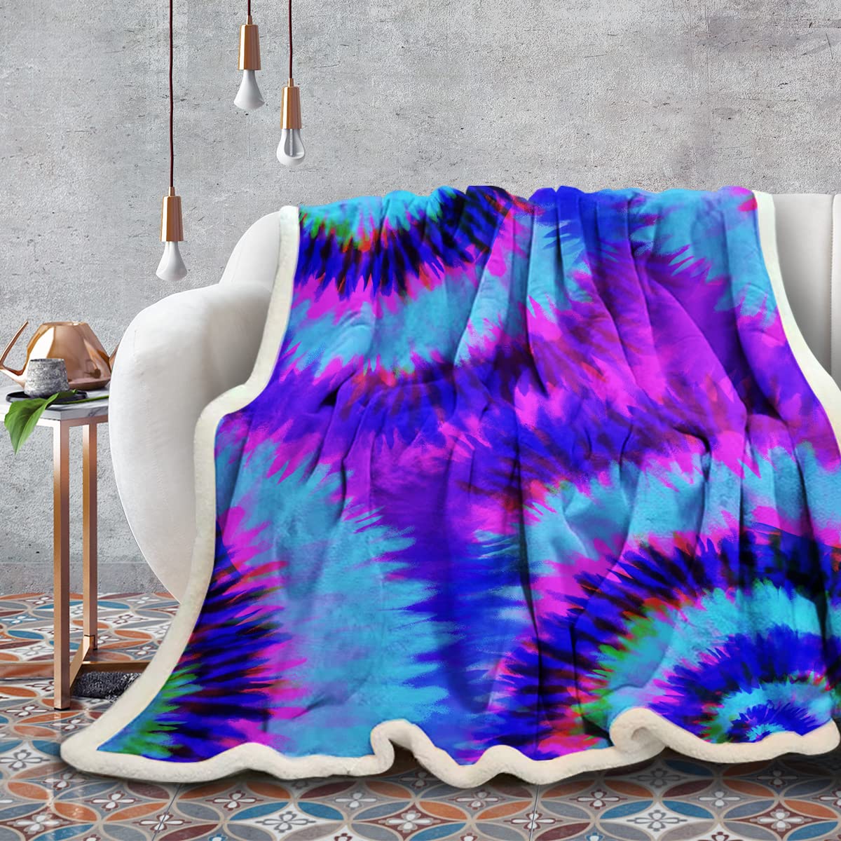 ARIGHTEX Artsy Girly Blanket - Psychedelic Colorful Fleece Throw - Ultra Soft Lightweight Sherpa Blanket in Purple, Pink & Blue - Boho Chic Home Decor (108x90 Inches) - Perfect for Bed, Sofa, Picnics & Dorm Rooms