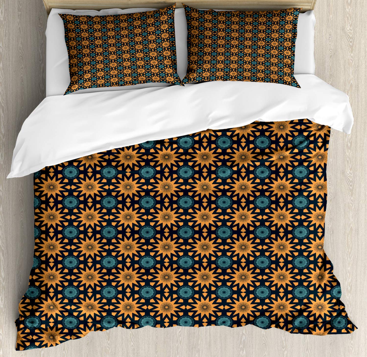 Ambesonne Antique Oriental Duvet Cover Set - Sun Inspired Art Deco Circular Motifs, 3-Piece King Size Bedding with 2 Pillow Shams in Apricot & Dark Blue | Perfect for Bohemian Bedroom Decor, Guest Room Makeover & Luxury Hotel Style Home