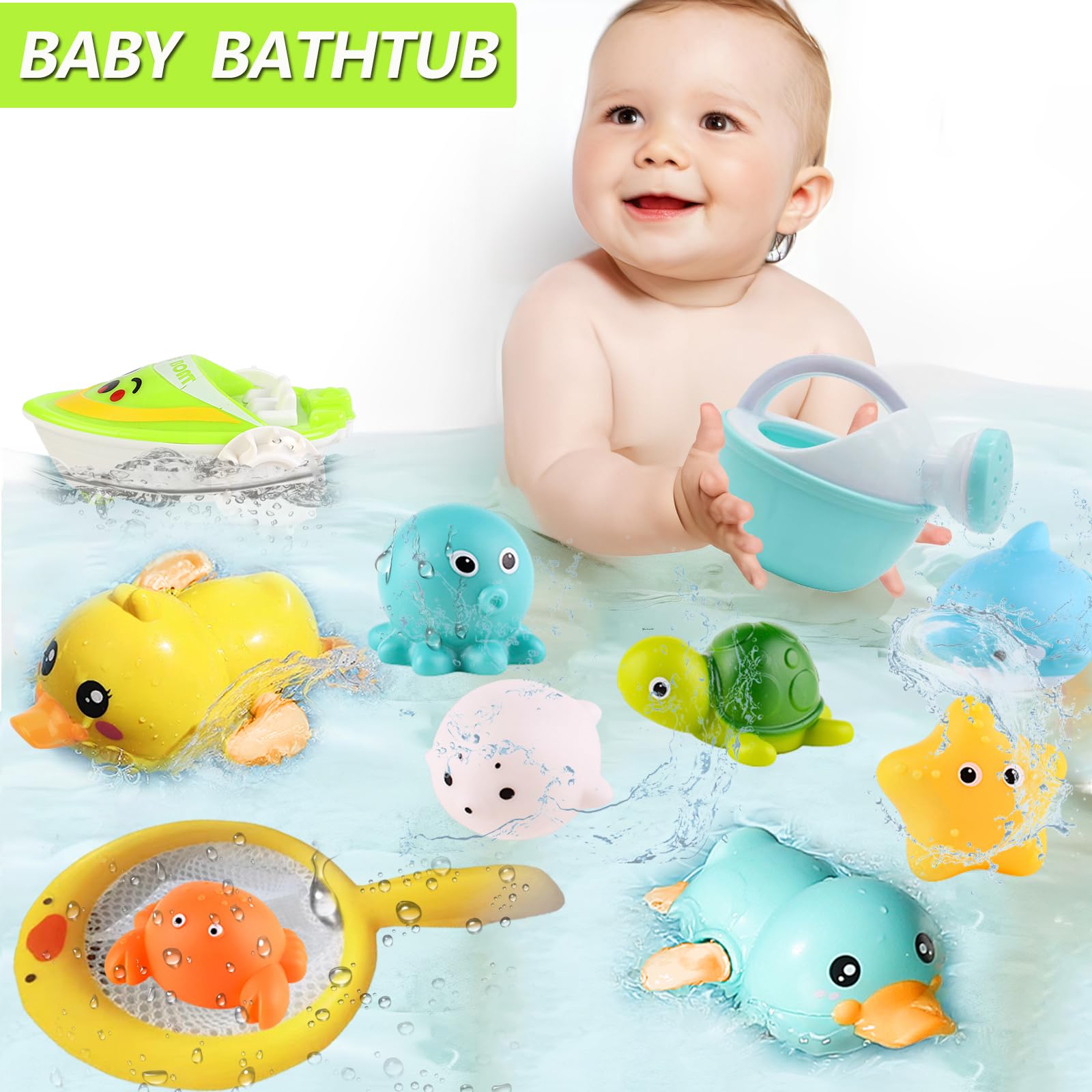 **Best Baby Bath Toys for 0-12 Months – Safe No-Hole Ocean Animal Toys for Toddlers 1-3 Years | Wind-Up Ducks, Floating Boats, Fishing Net & Watering Can – Fun Pool & Bathtime Play for Kids**