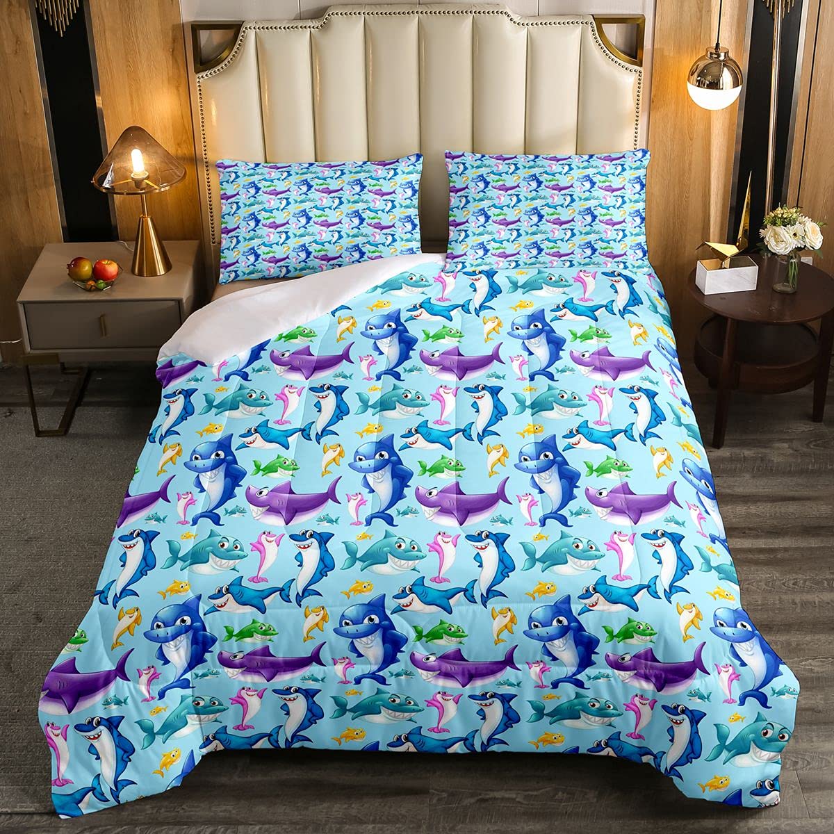 **Shark Bedding Set for Kids - Full Size Cartoon Ocean Animal Comforter with 2 Pillowcases - Underwater World Theme for Boys' Room Decor - Perfect for Shark Lovers & Sea Creature Themed Bedrooms**    *(Use Case: Ideal for kids' bedrooms, shark-themed parties, or ocean-inspired room decor – soft, cozy, and fun for young adventurers!)*