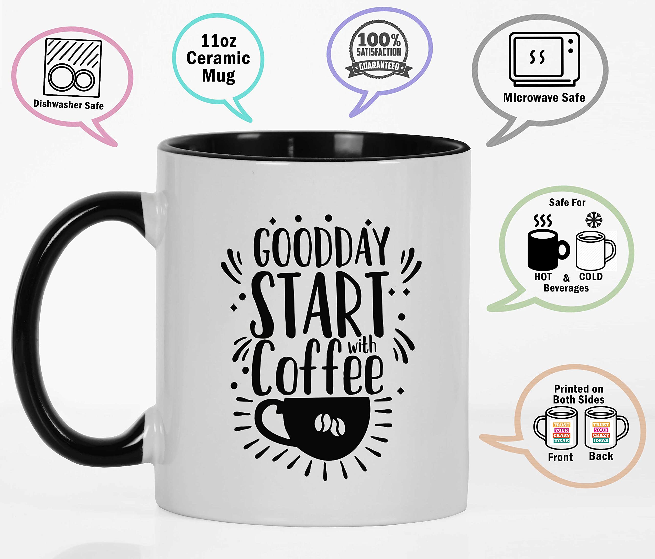 Goodday Start with Coffee - 11 Oz Ceramic Coffee Mug, Perfect Gift for Coworkers, Boss & Coffee Lovers - Black | Ideal for Office, Home & Daily Coffee Rituals