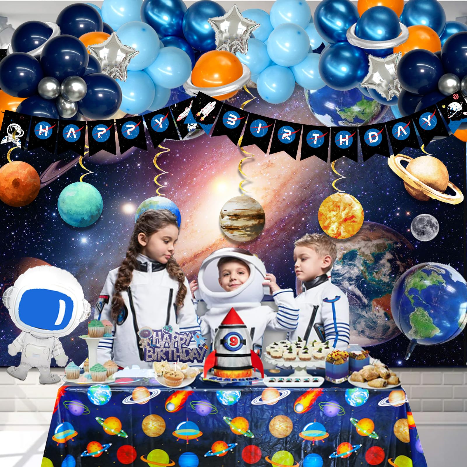 Outer Space Galaxy Birthday Party Decorations Set - Backdrop, Balloon Garland, Hanging Swirl Banner, Tablecloth & Cake Topper | Solar System Theme with Planets, Astronaut & Rocket | Perfect for Kids' Space-Themed Birthday Parties, Baby Showers & Classroom Decor