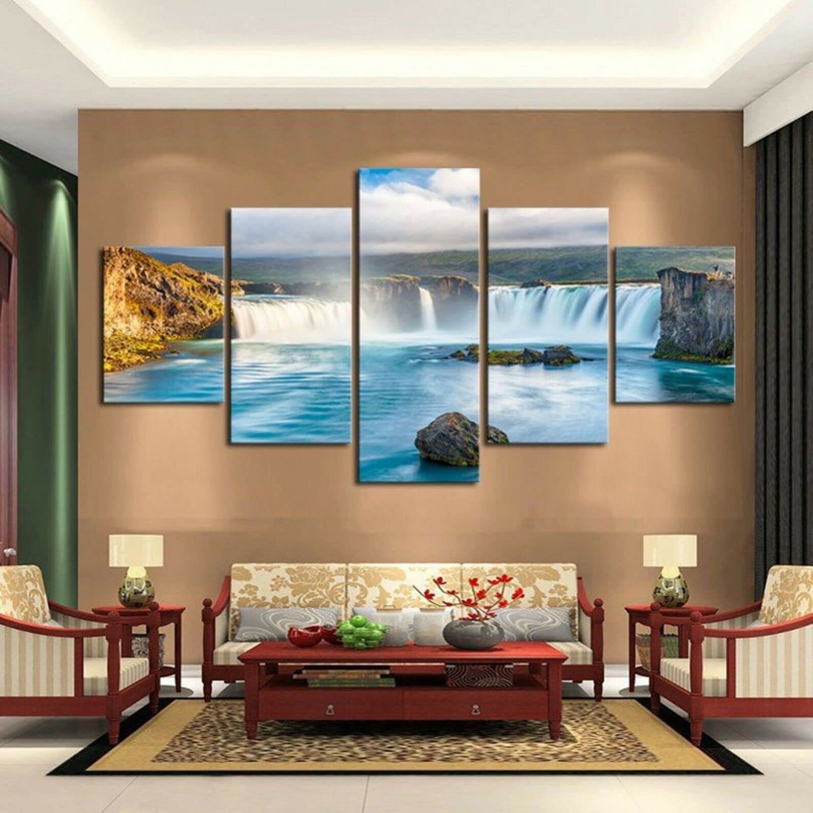 5-Piece Waterfall Landscape Canvas Wall Art - Stretched Framed Canvas Prints for Living Room, Bedroom & Office Decor - Modern Home Wall Picture Painting