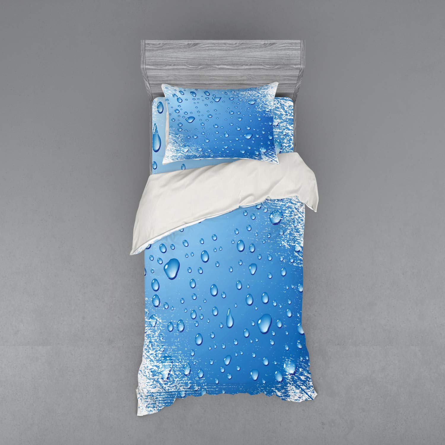 Ambesonne Grunge Bedding Set - Realistic Water Drops & Bubbles on Distressed Backdrop, 3-Piece Duvet Cover Set with Sham & Fitted Sheet, Twin XL Size, Blue & White - Perfect for Boho & Industrial Bedroom Decor