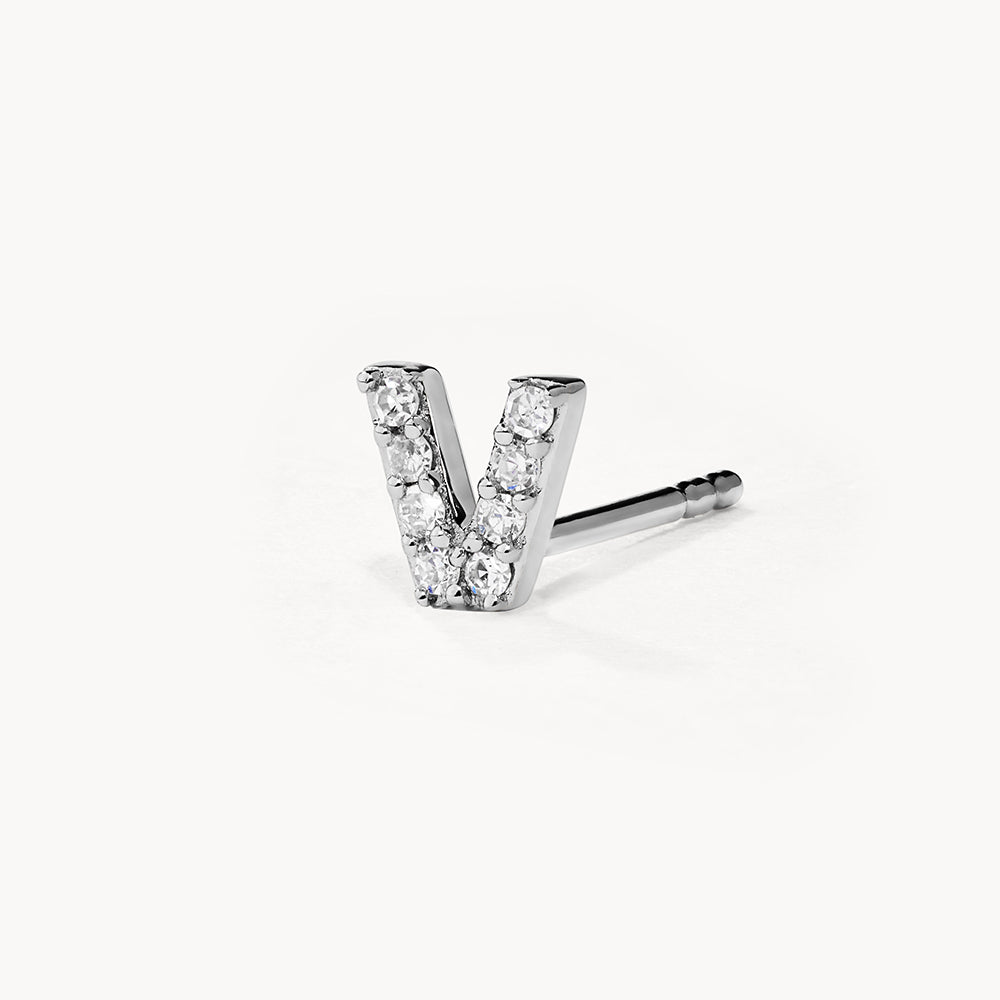 Diamond Letter V Single Stud Earring in Sterling Silver - Perfect for Gifts, Birthdays & Everyday Elegance