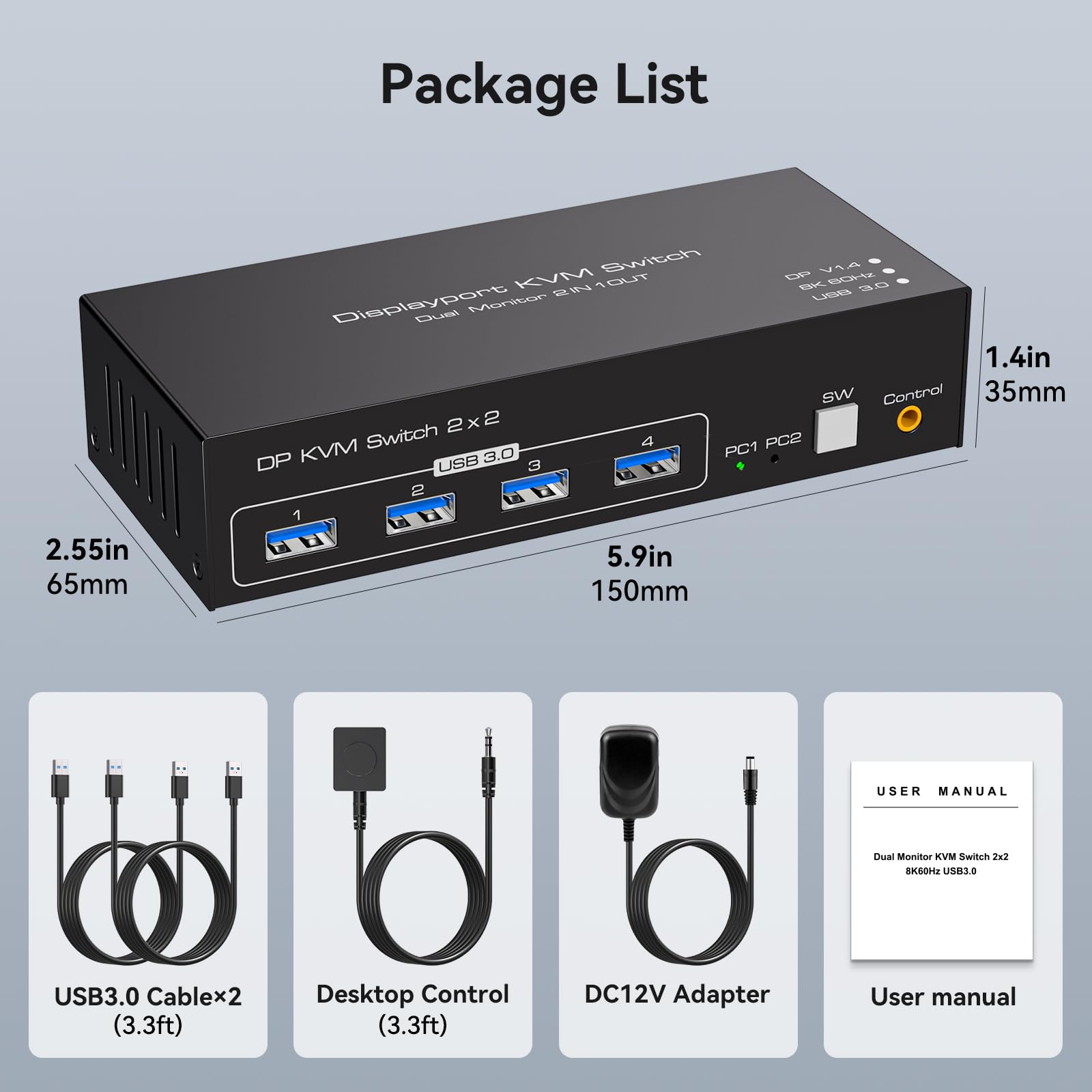 TJCXELE 8K60Hz/4K120Hz DisplayPort KVM Switch for 2 Monitors & 2 Computers - USB 3.0 Dual Monitor Sharing Hub with 4 USB Ports | Supports Extend & Copy Modes | Wired Controller Included | Perfect for Home Office, Gaming & Multi-Tasking Workstations
