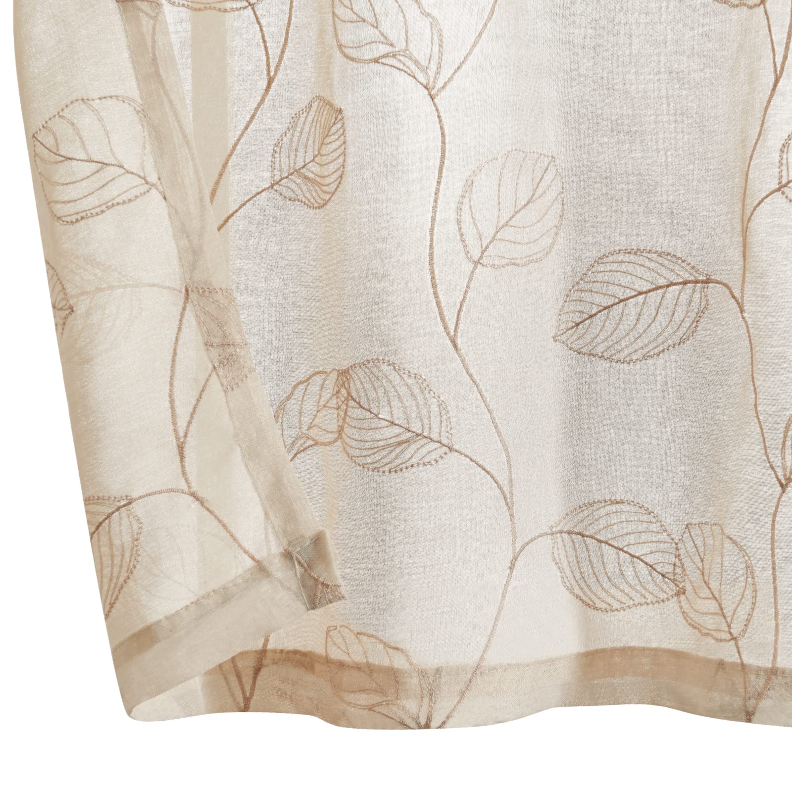 Beige Sheer Kitchen Curtains with Leaf Embroidery - Voile Tiered Window Panels for RV, Camper, Farmhouse, Bathroom & Basement - 36 Inch Rod Pocket, 2 Panels - Perfect for Small Windows, French Doors & Cozy Home Decor