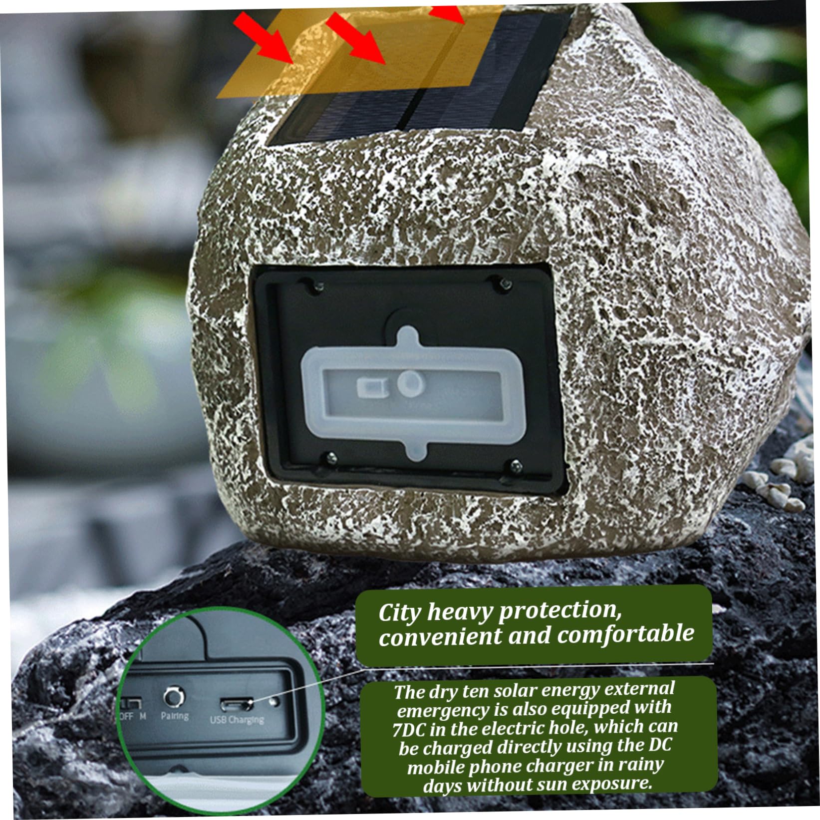 LAANCOO 9X7X7'' Solar-Powered Waterproof Outdoor Rock Speakers - Wireless USB Rechargeable for Garden, Patio, Villa, Park, Camping, Poolside, and Backyard Entertainment