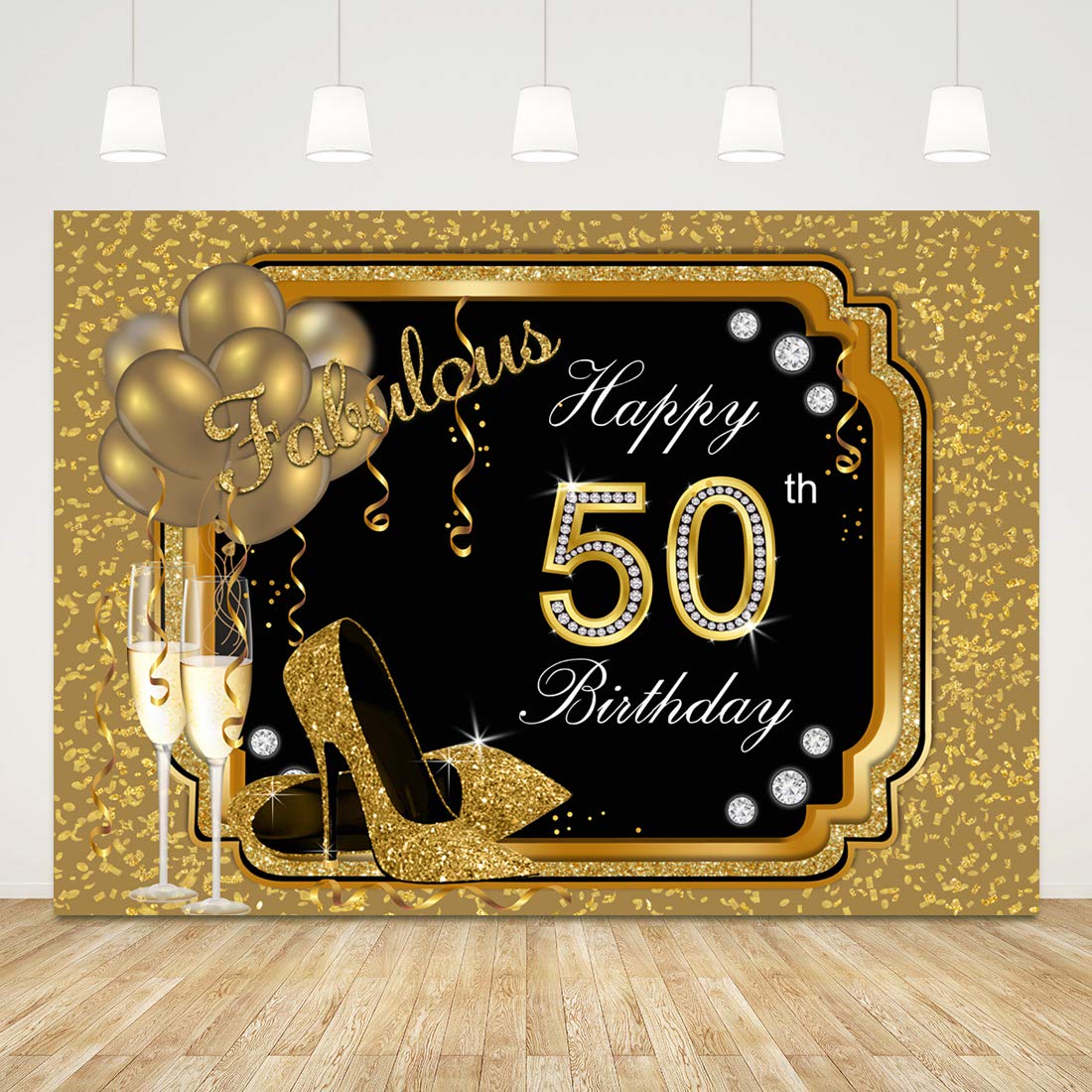 Elegant Black & Gold 50th Birthday Backdrop for Women - 7x5ft Glitter Balloon & High Heel Photo Background - Perfect for 50th Birthday Party Decorations, Photo Shoots & Milestone Celebrations