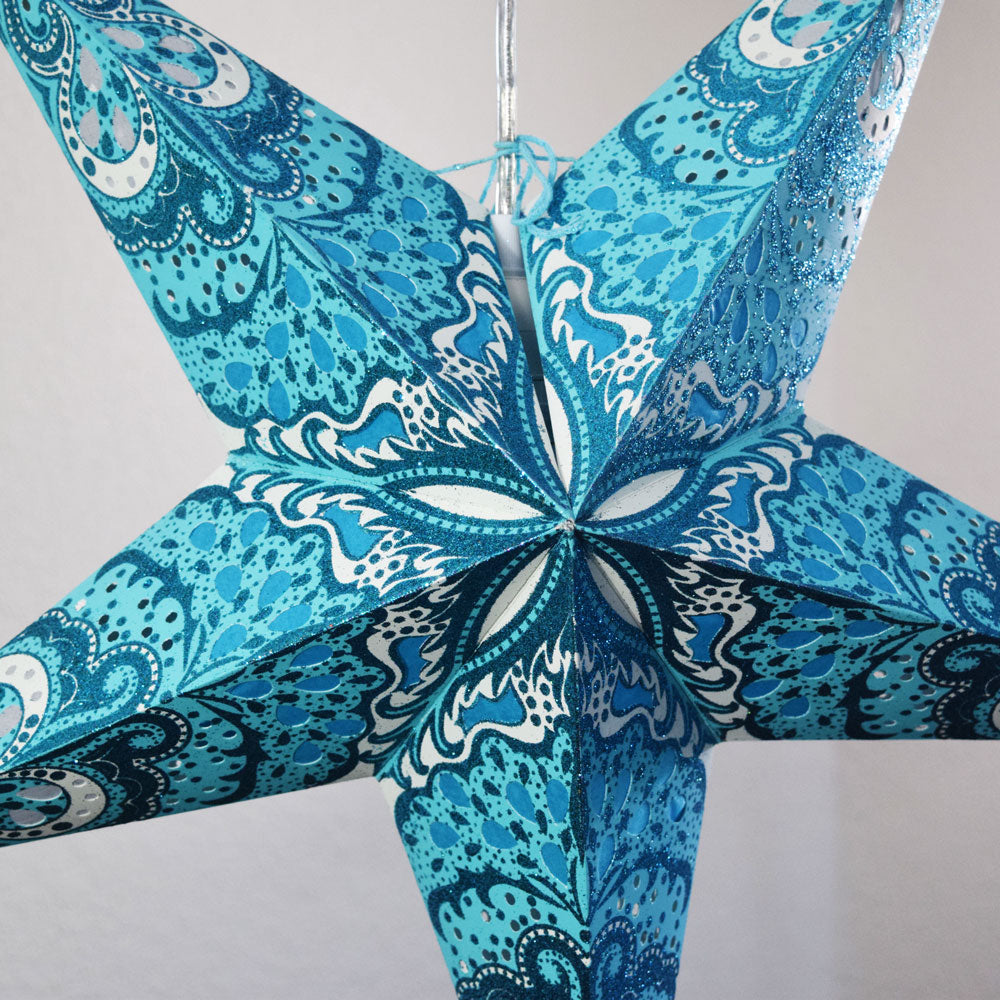 24 Pack Turquoise Blue Heart's Desire Glitter Paper Star Lanterns - Hanging Party Decorations for Wedding, Birthday, Baby Shower & Home Decoration