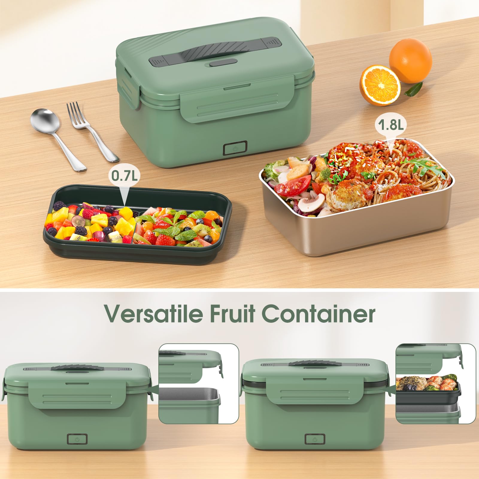 Upgraded 3-in-1 Electric Lunch Box Food Warmer - Portable 60W-100W Leakproof Heated Lunch Container with 1.8L Stainless Steel Container, Fork, Spoon & Carry Bag (12V/24V/110V) - Perfect for Office, Car, Truck & Travel Meals