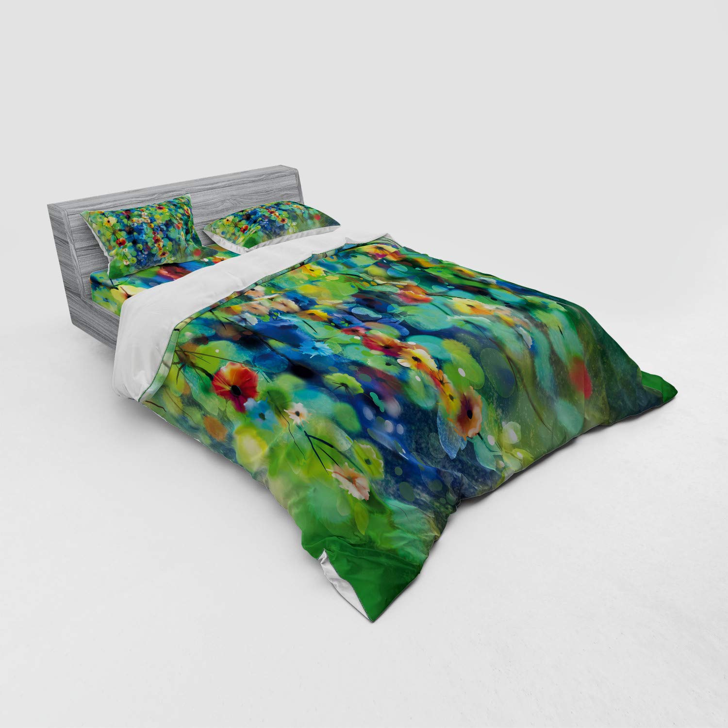 Ambesonne Floral Duvet Cover Set - Queen Size 4-Piece Bedding with 2 Pillow Shams & Fitted Sheet, Vibrant Spring Flower Design in Green & Blue - Perfect for Master Bedroom, Guest Room & Seasonal Home Decor